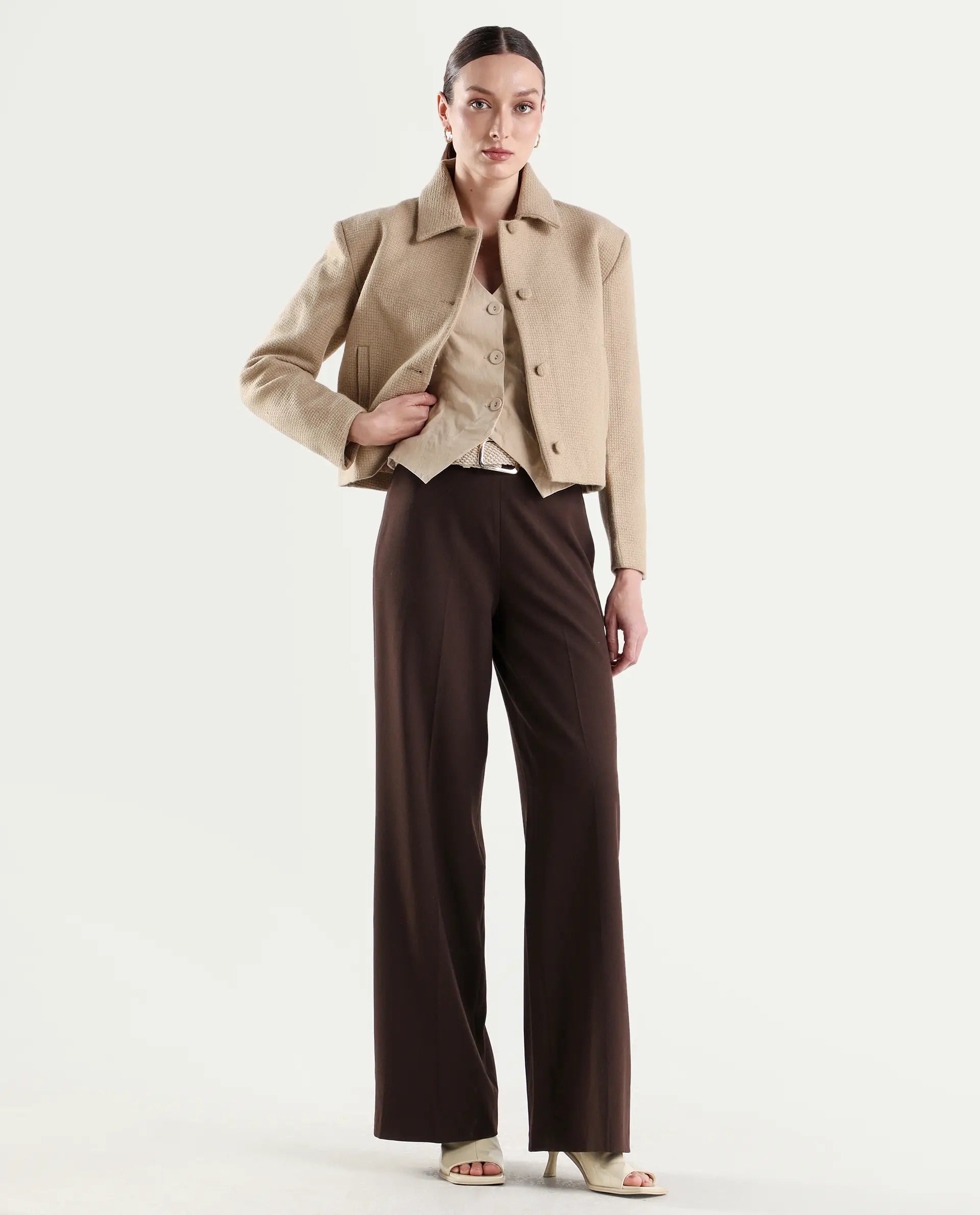 Rareism Women's Widy Brown Polyester Blend Fabric Wide Plain Trouser