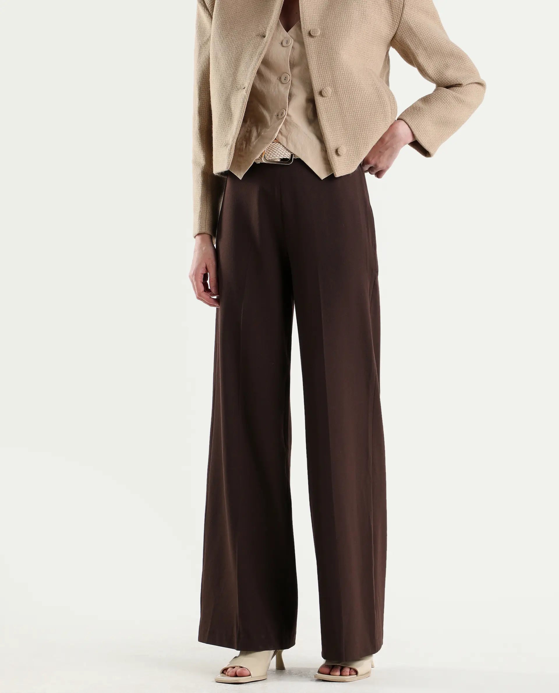Rareism Women's Widy Brown Polyester Blend Fabric Wide Plain Trouser