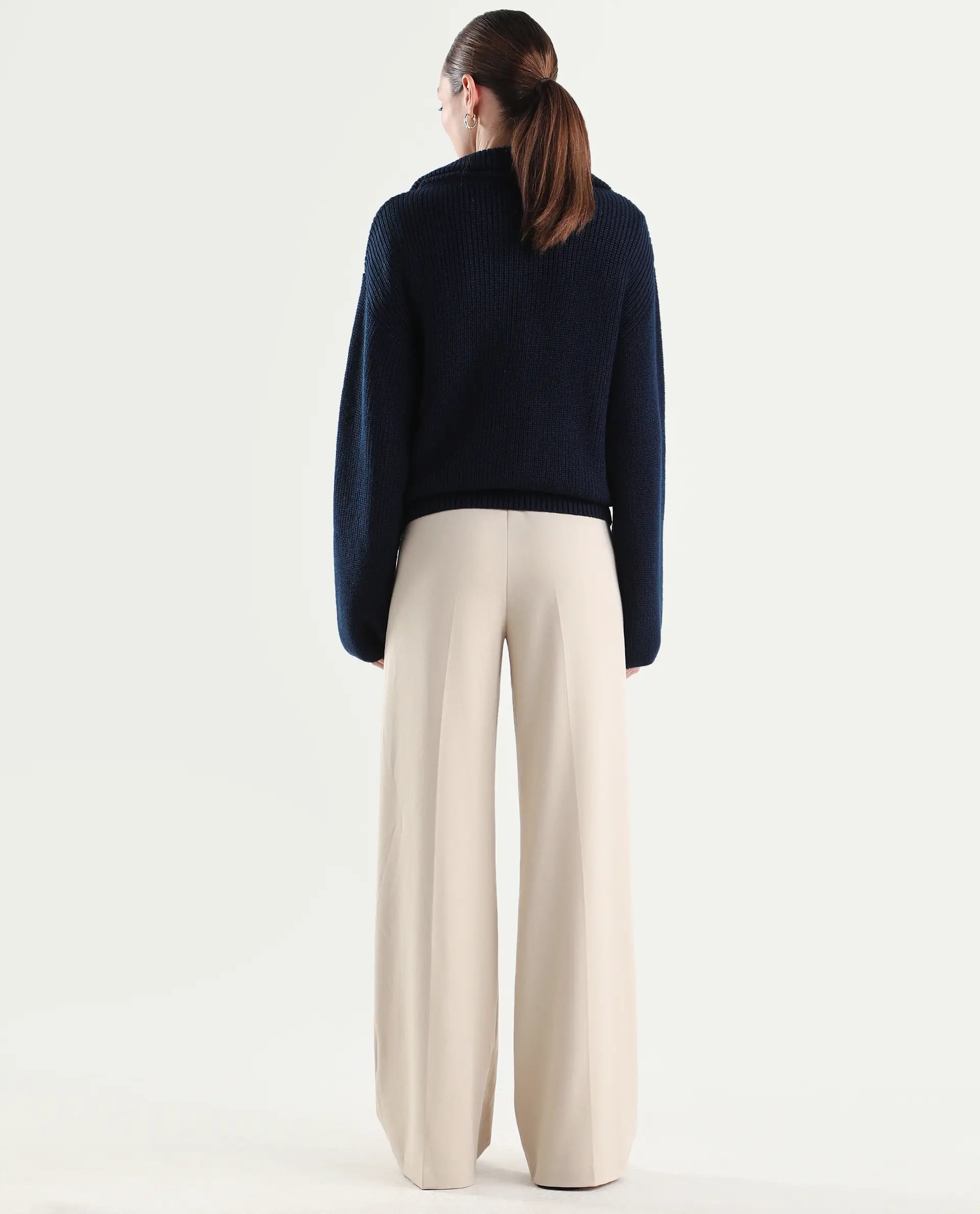 Rareism Women's Widy Beige Polyester Blend Fabric Wide Plain Trouser