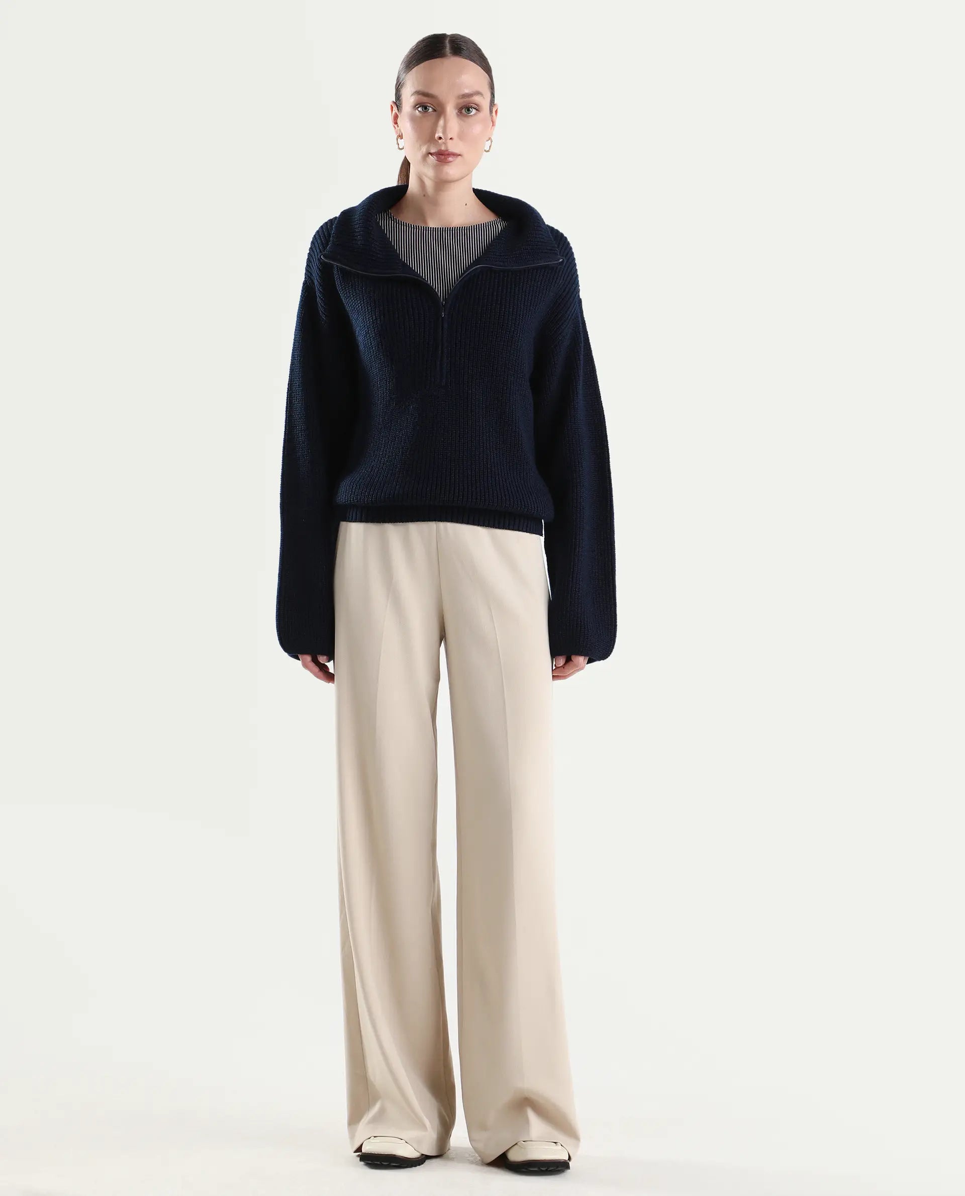 Rareism Women's Widy Beige Polyester Blend Fabric Wide Plain Trouser