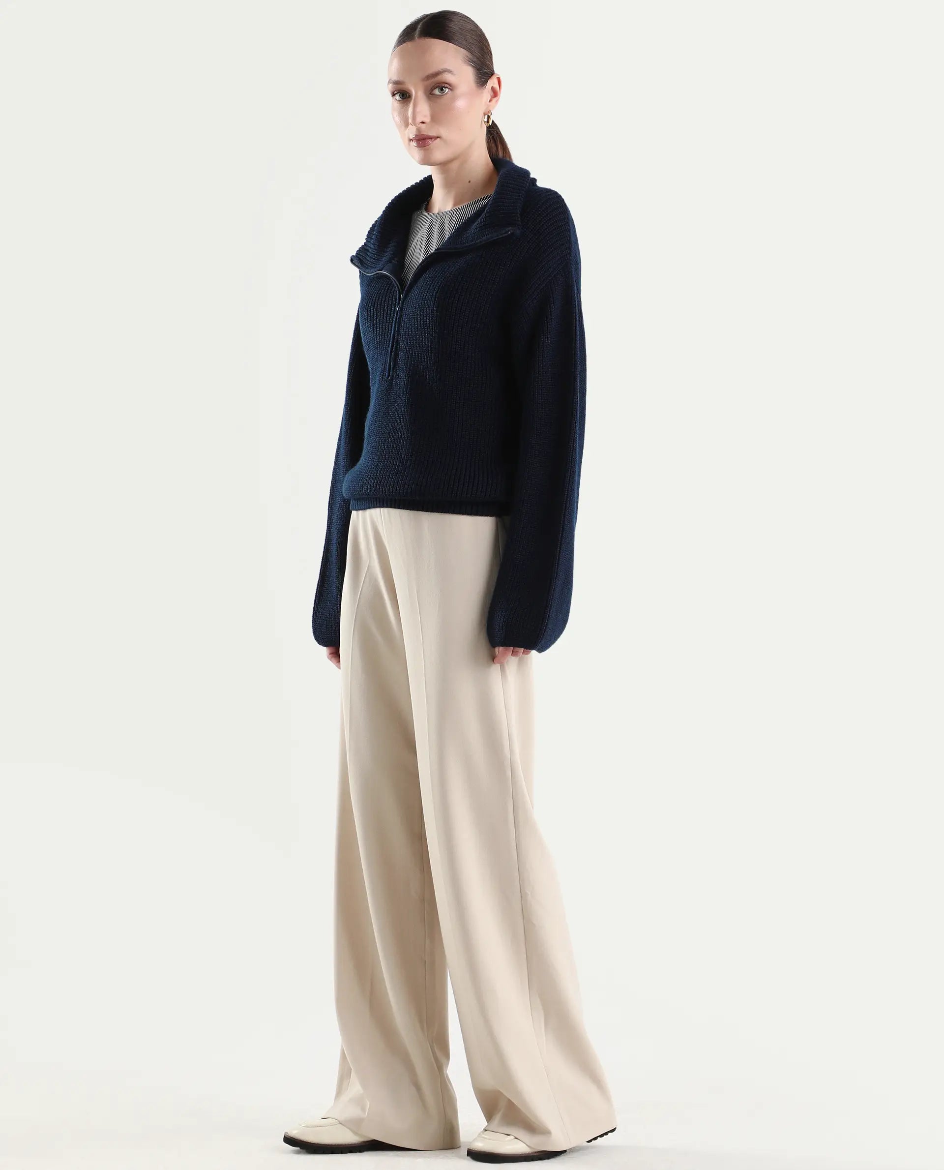 Rareism Women's Widy Beige Polyester Blend Fabric Wide Plain Trouser