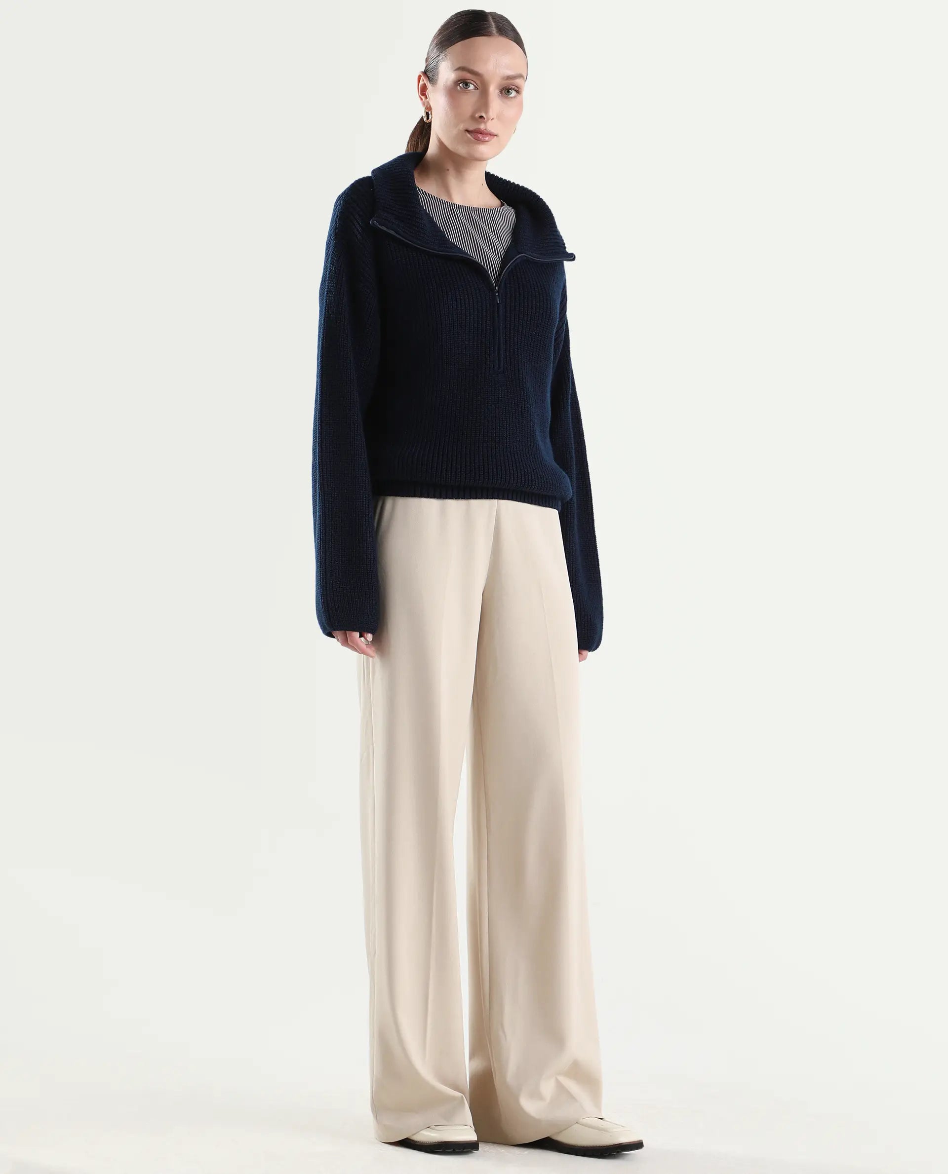 Rareism Women's Widy Beige Polyester Blend Fabric Wide Plain Trouser