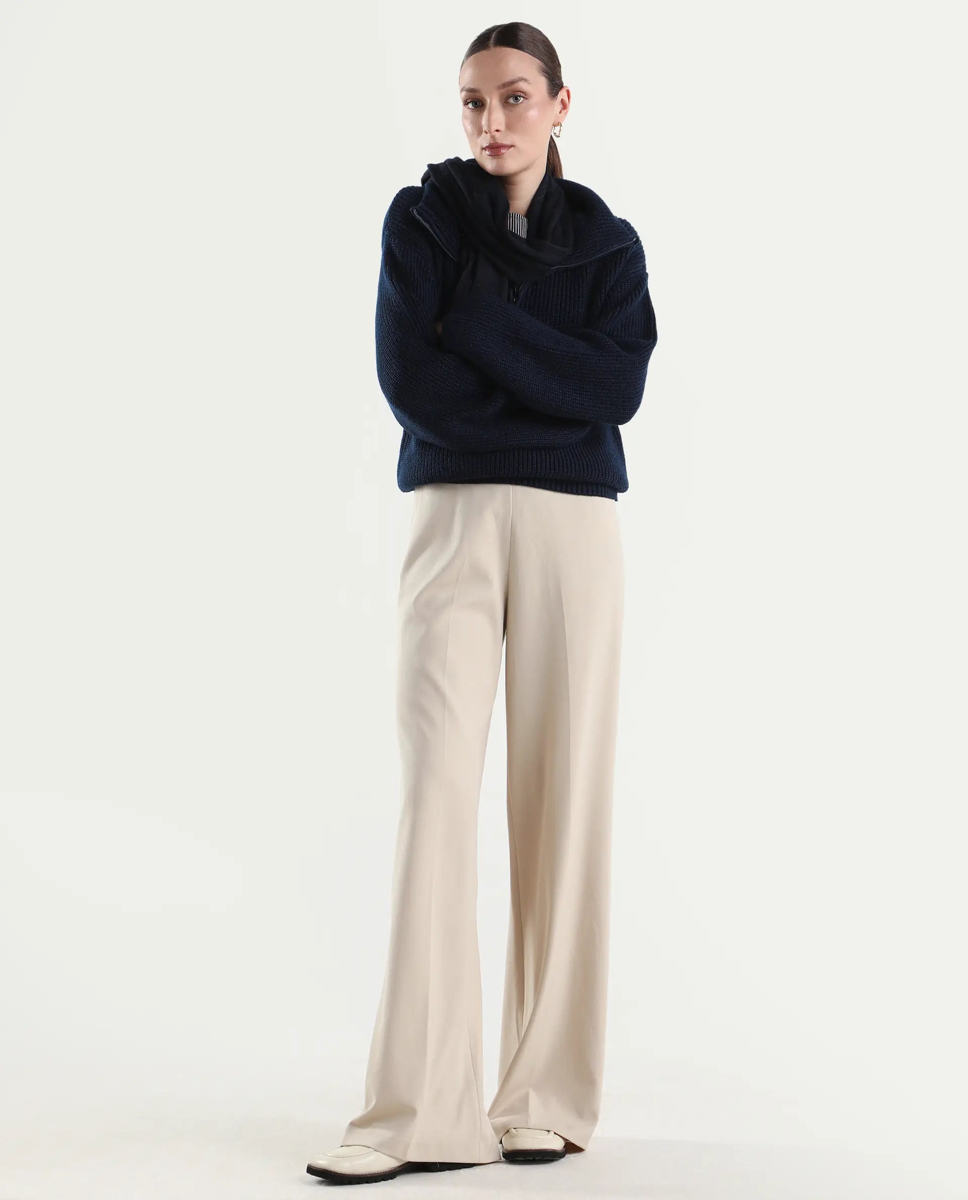Rareism Women's Widy Beige Polyester Blend Fabric Wide Plain Trouser