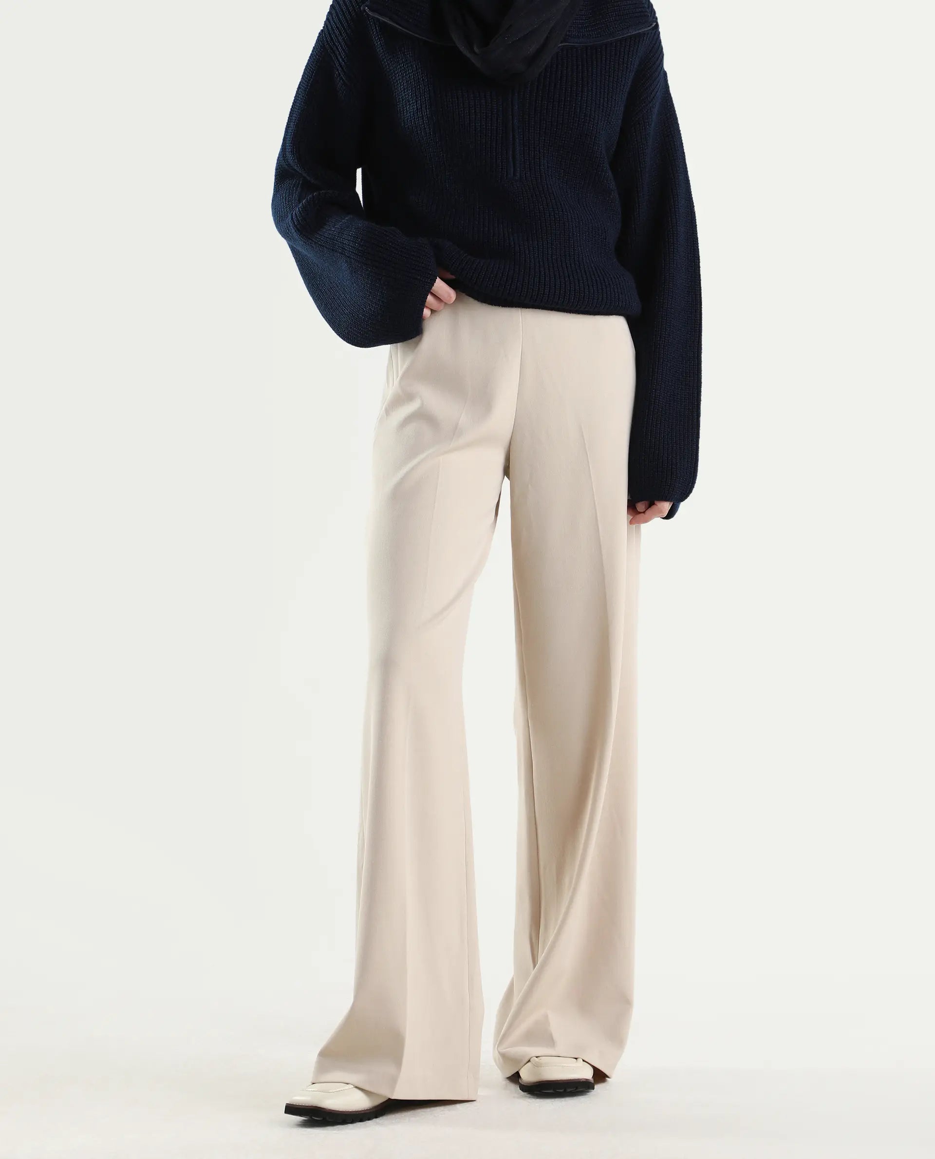 Rareism Women's Widy Beige Polyester Blend Fabric Wide Plain Trouser