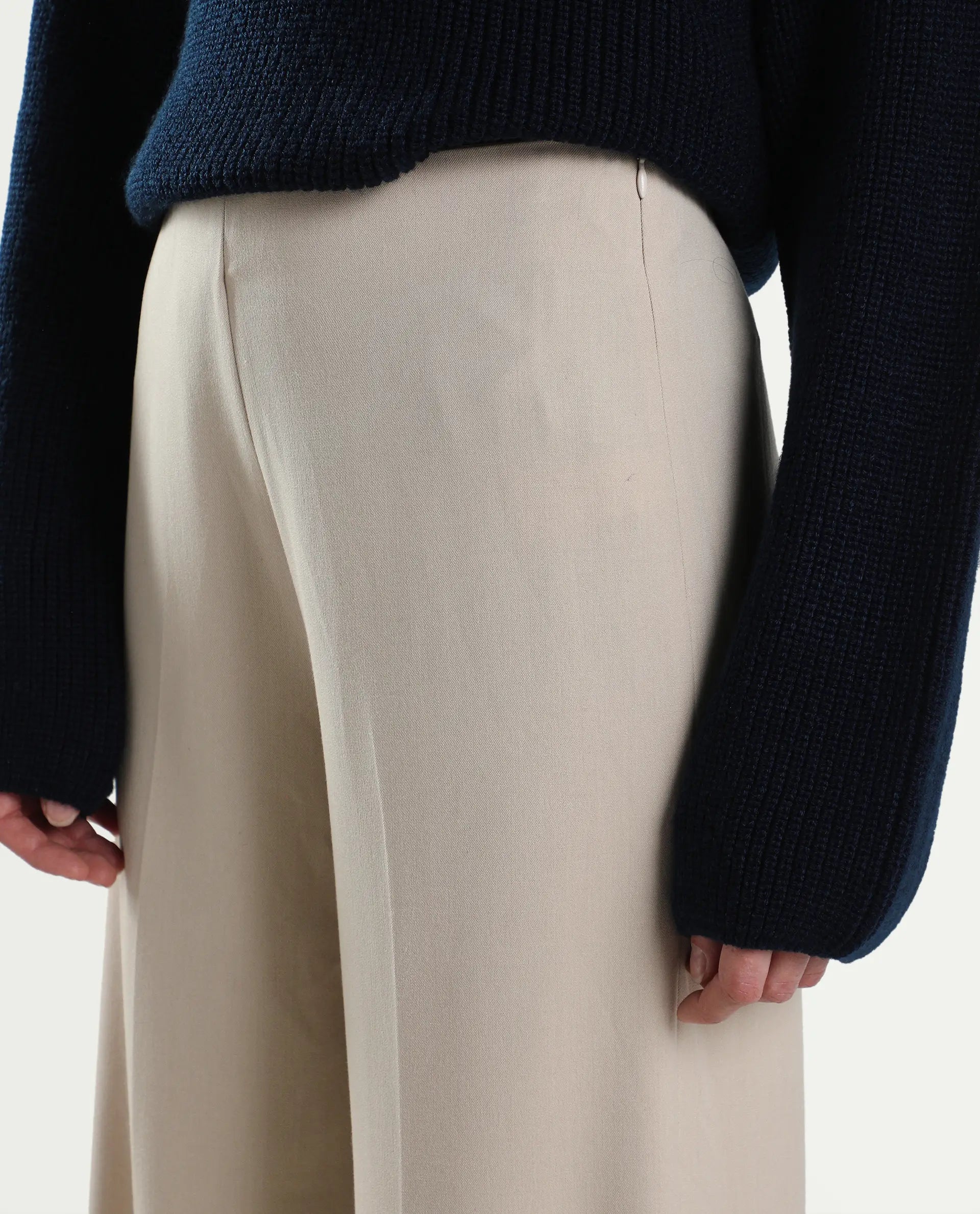Rareism Women's Widy Beige Polyester Blend Fabric Wide Plain Trouser