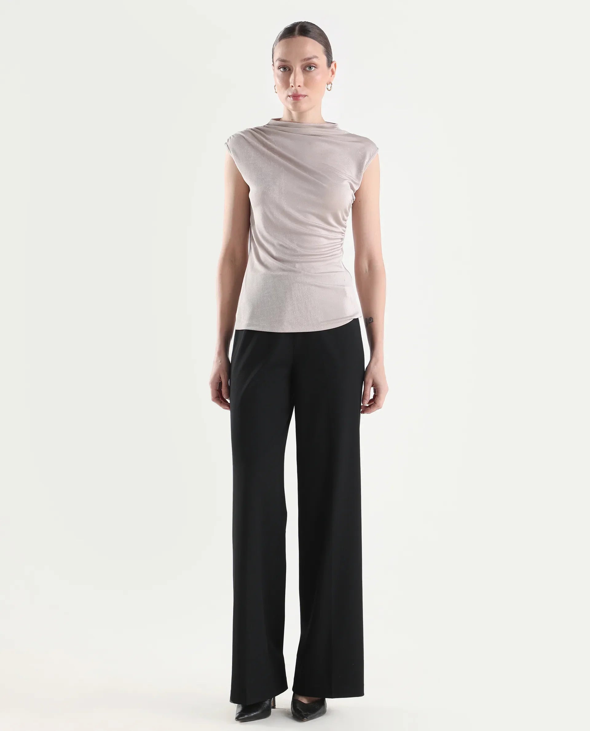 Rareism Women's Widy Black Polyester Blend Wide Plain Trouser
