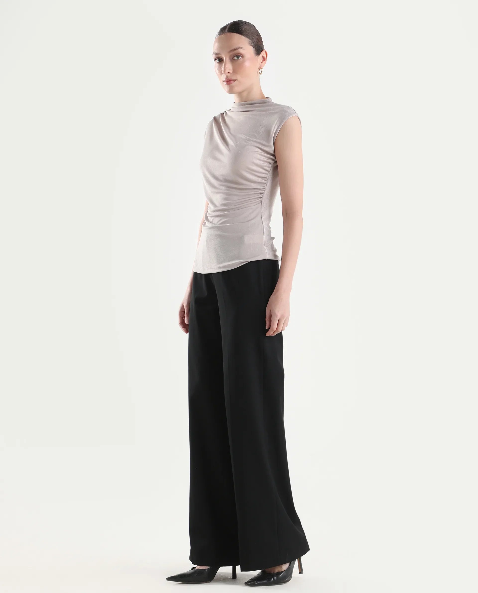 Rareism Women's Widy Black Polyester Blend Wide Plain Trouser