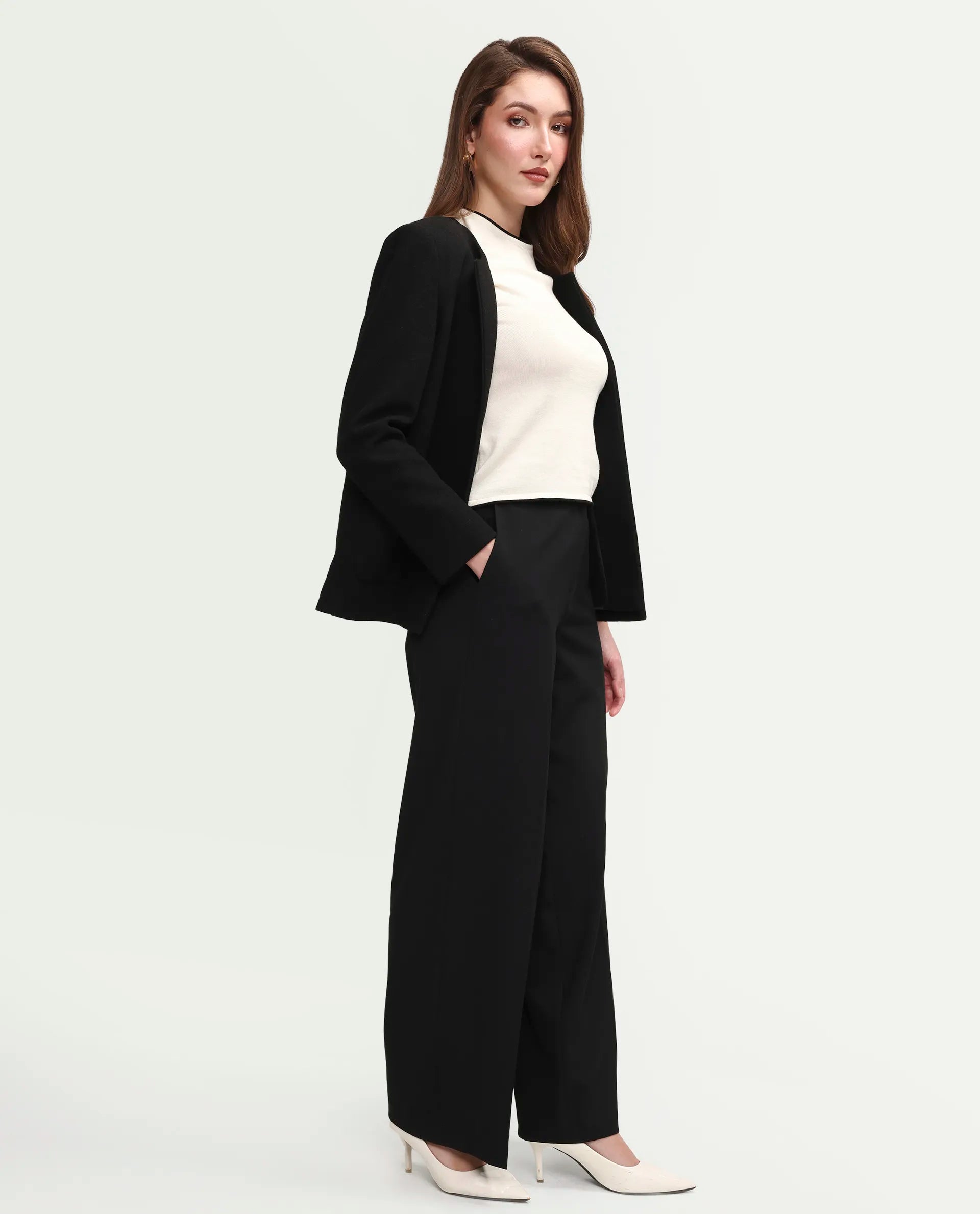 Rareism Women's Celina-B Black Poly Viscose Wide Plain Trouser
