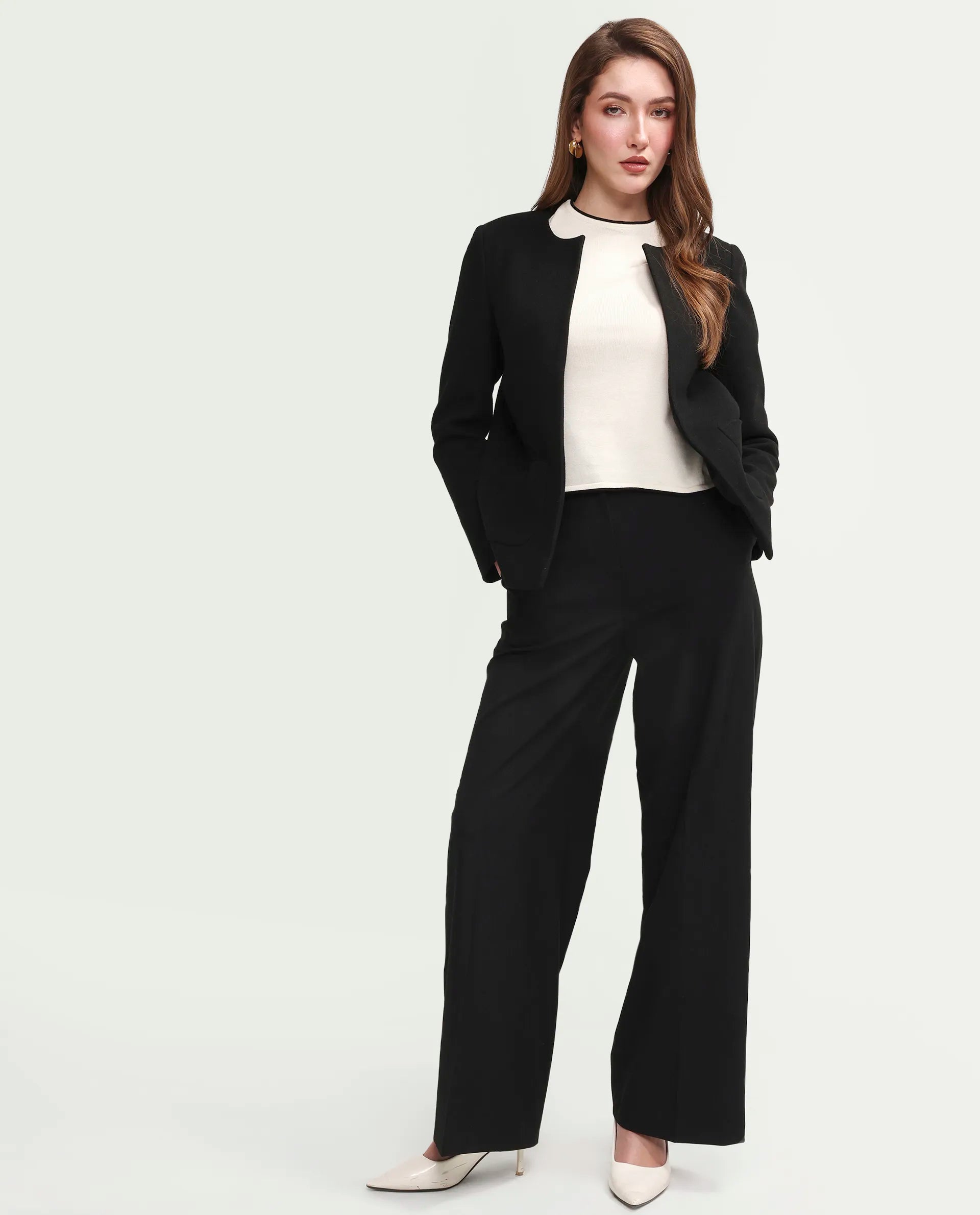 Rareism Women's Celina-B Black Poly Viscose Wide Plain Trouser