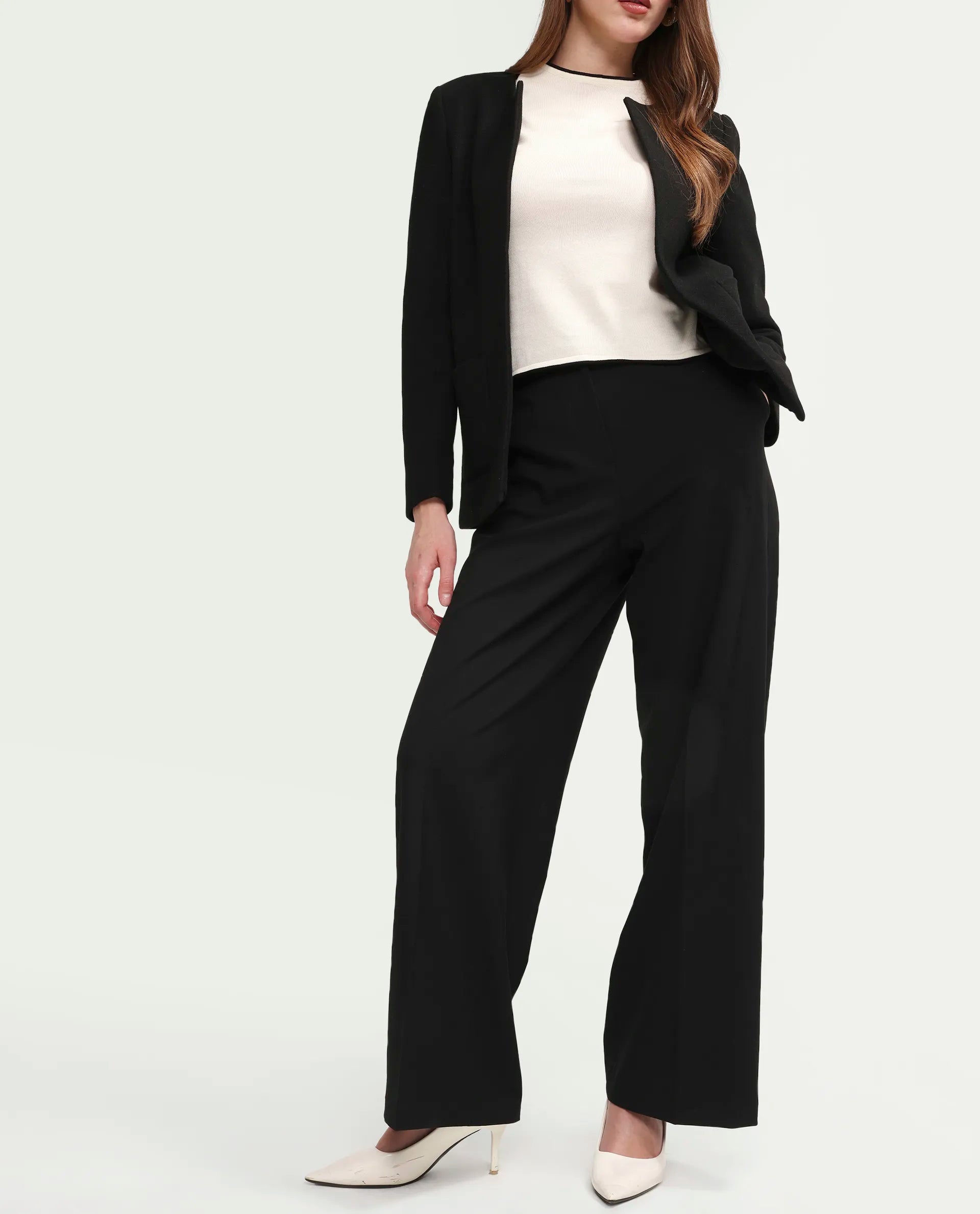 Rareism Women's Celina-B Black Poly Viscose Wide Plain Trouser
