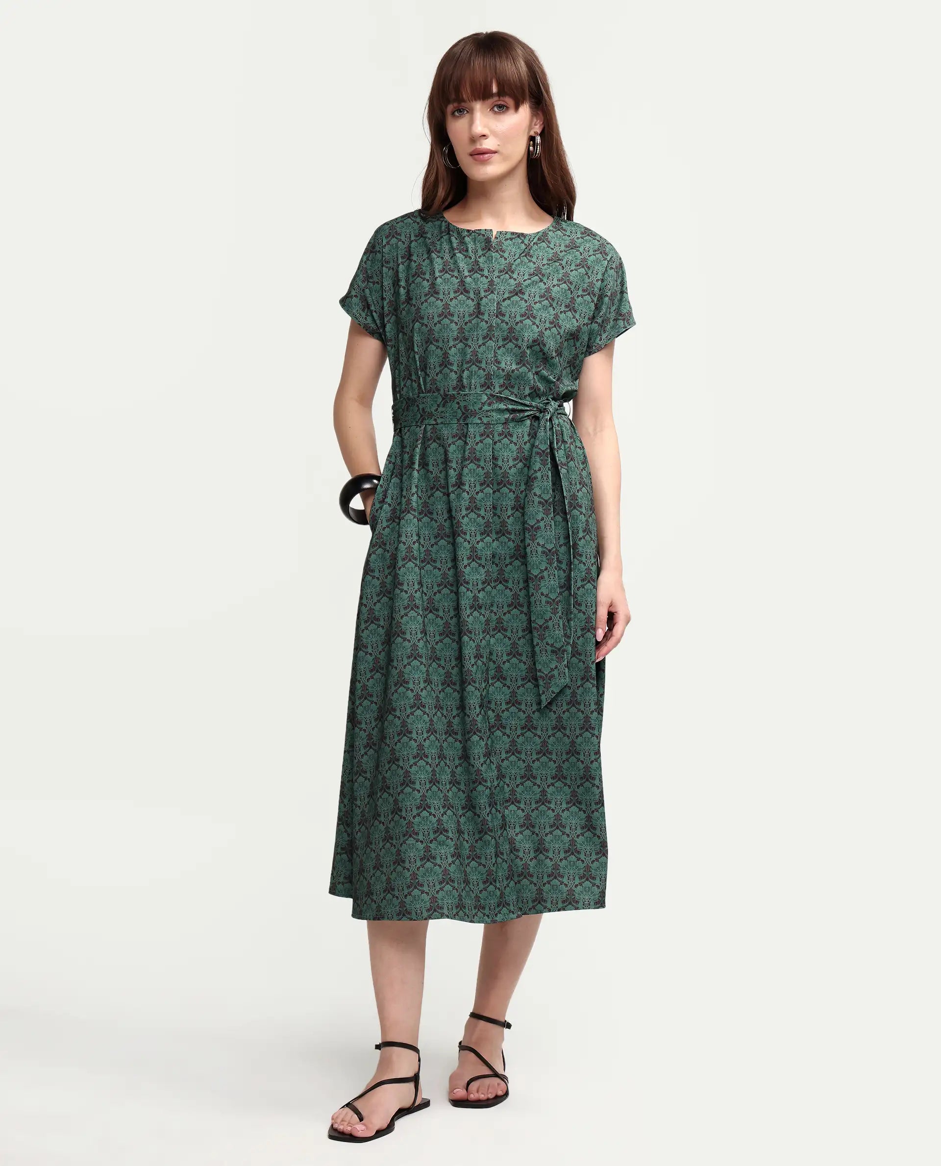 Rareism Women's Addani Dark Green Polyester Fabric Half Sleeve Crew Neck A-Line Floral Print Dress