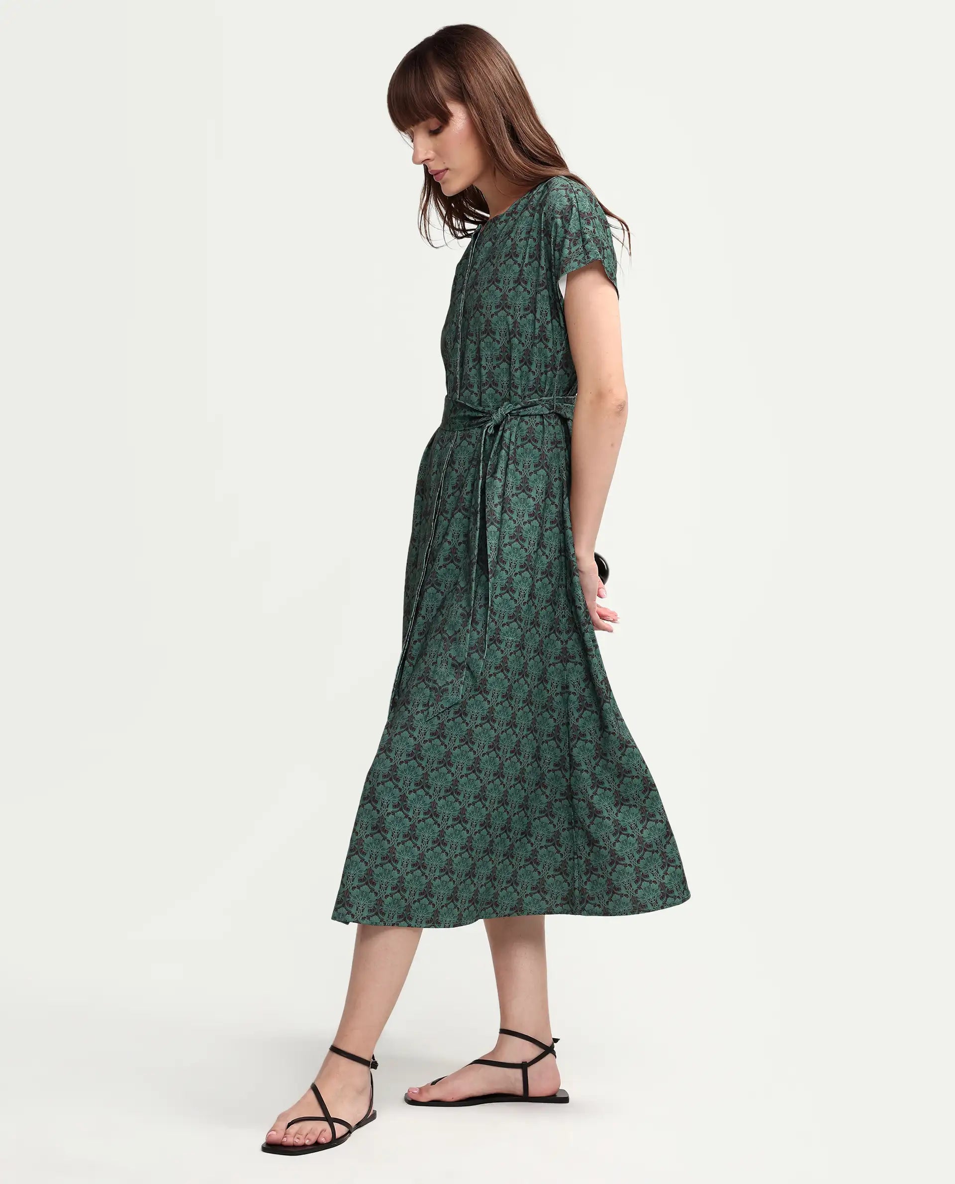 Rareism Women's Addani Dark Green Polyester Fabric Half Sleeve Crew Neck A-Line Floral Print Dress