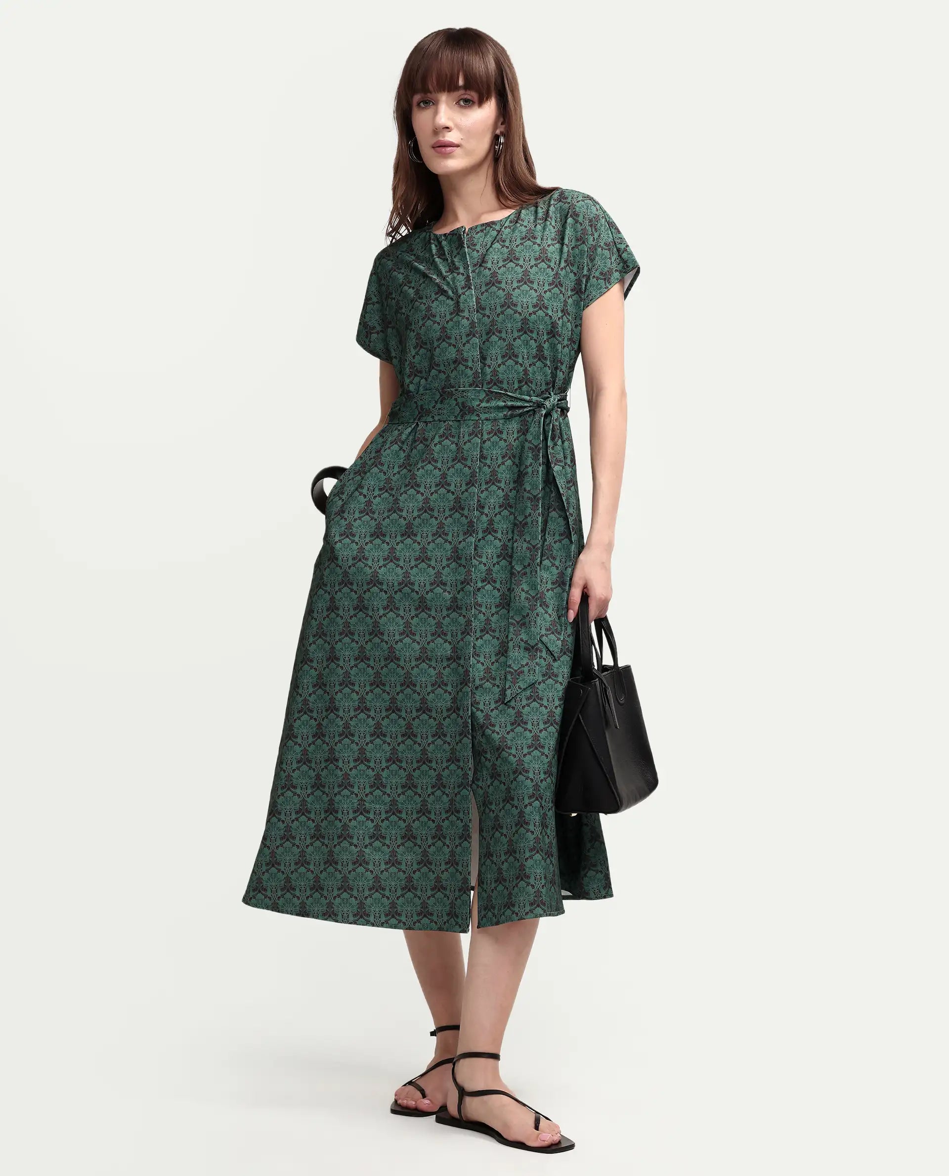 Rareism Women's Addani Dark Green Polyester Fabric Half Sleeve Crew Neck A-Line Floral Print Dress