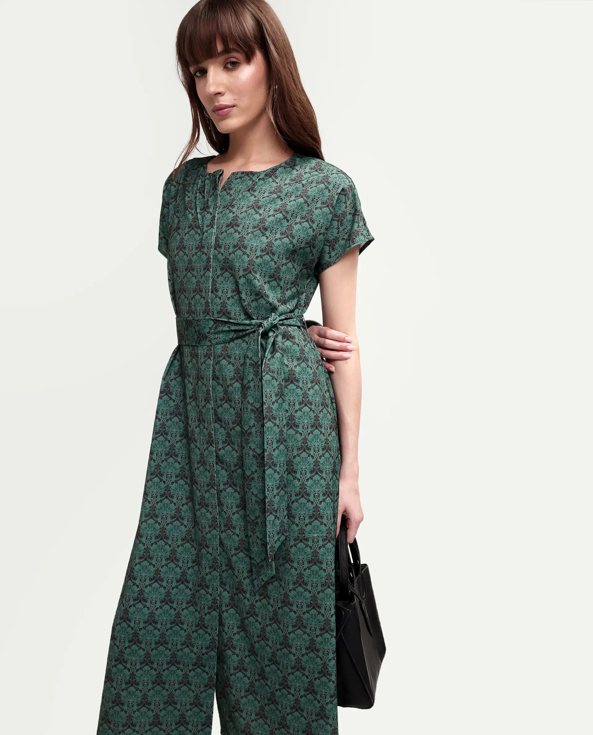 Rareism Women's Addani Dark Green Polyester Fabric Half Sleeve Crew Neck A-Line Floral Print Dress