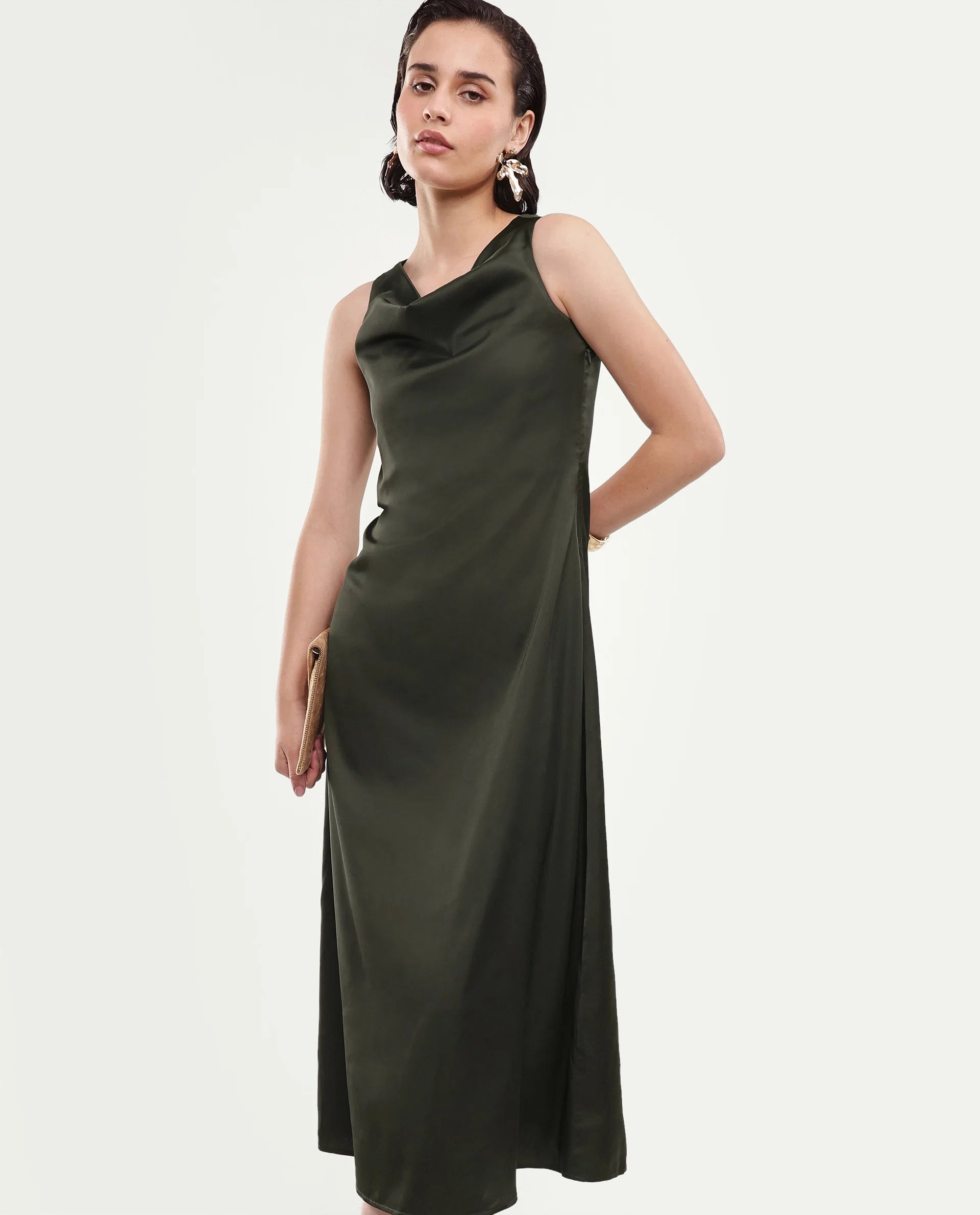 Rareism Women's Addina Olive Polyester Cowl Neck Pull-On Bodycon Plain Dress
