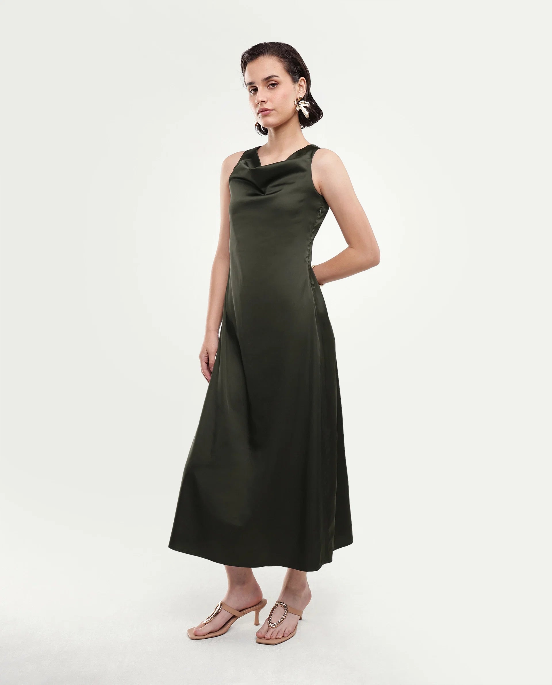 Rareism Women's Addina Olive Polyester Cowl Neck Pull-On Bodycon Plain Dress
