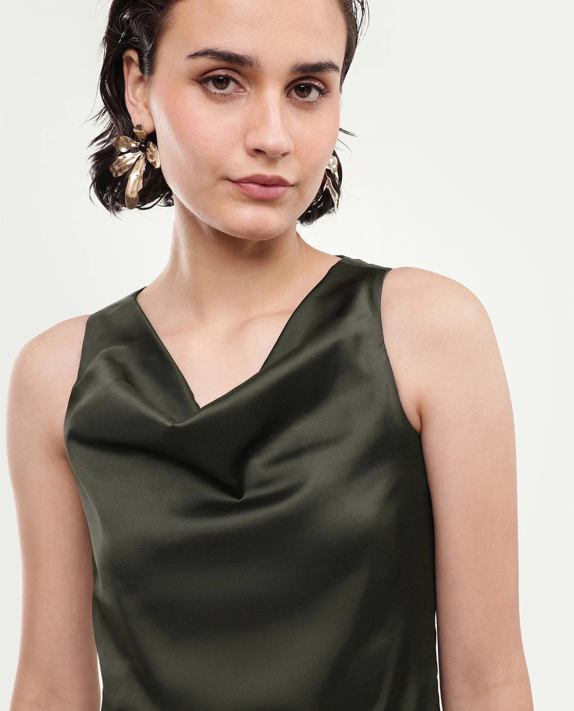 Rareism Women's Addina Olive Polyester Cowl Neck Pull-On Bodycon Plain Dress