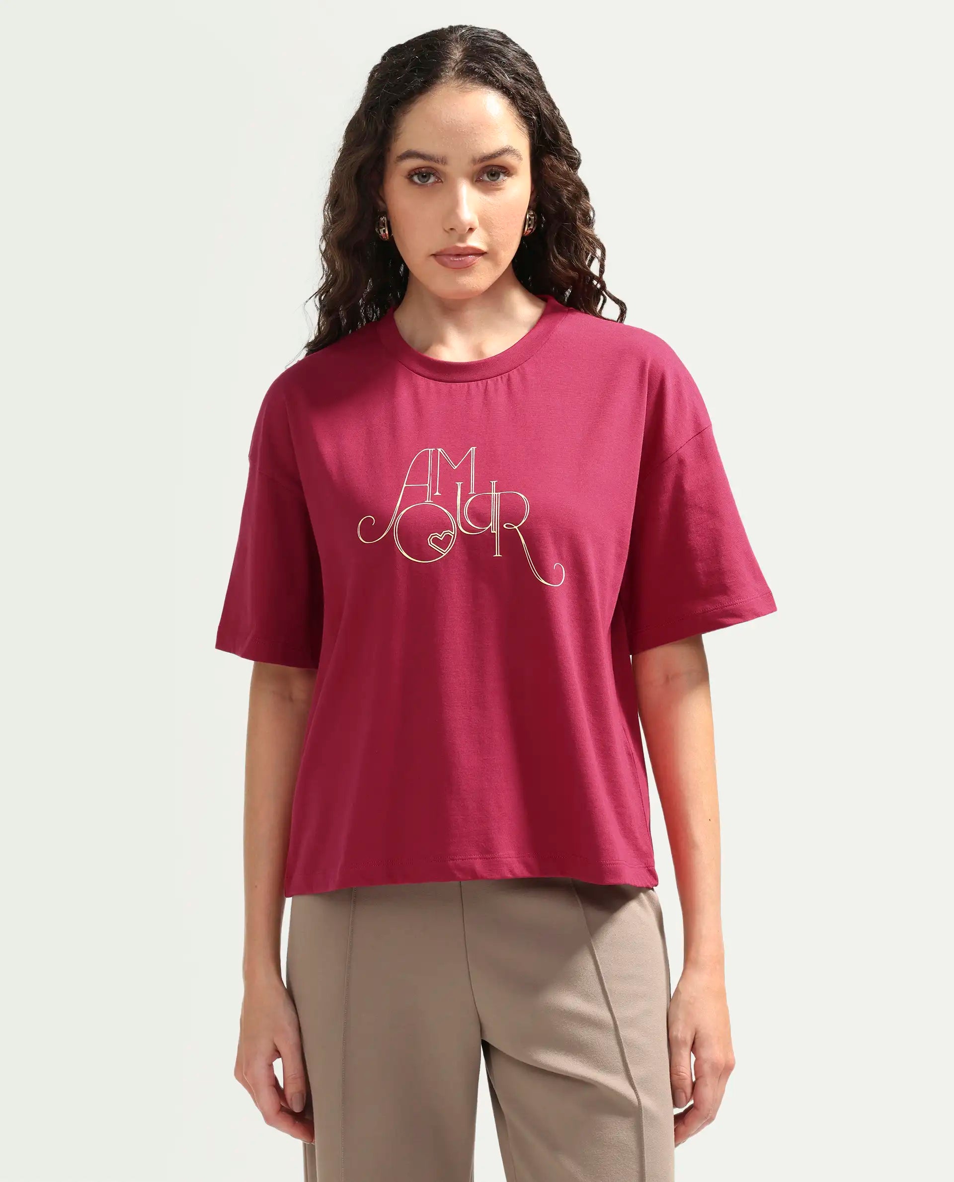Rareism Women's Zamor Dark Pink Cotton Crew Neck Pull-On Boxy Typography Print T-Shirt