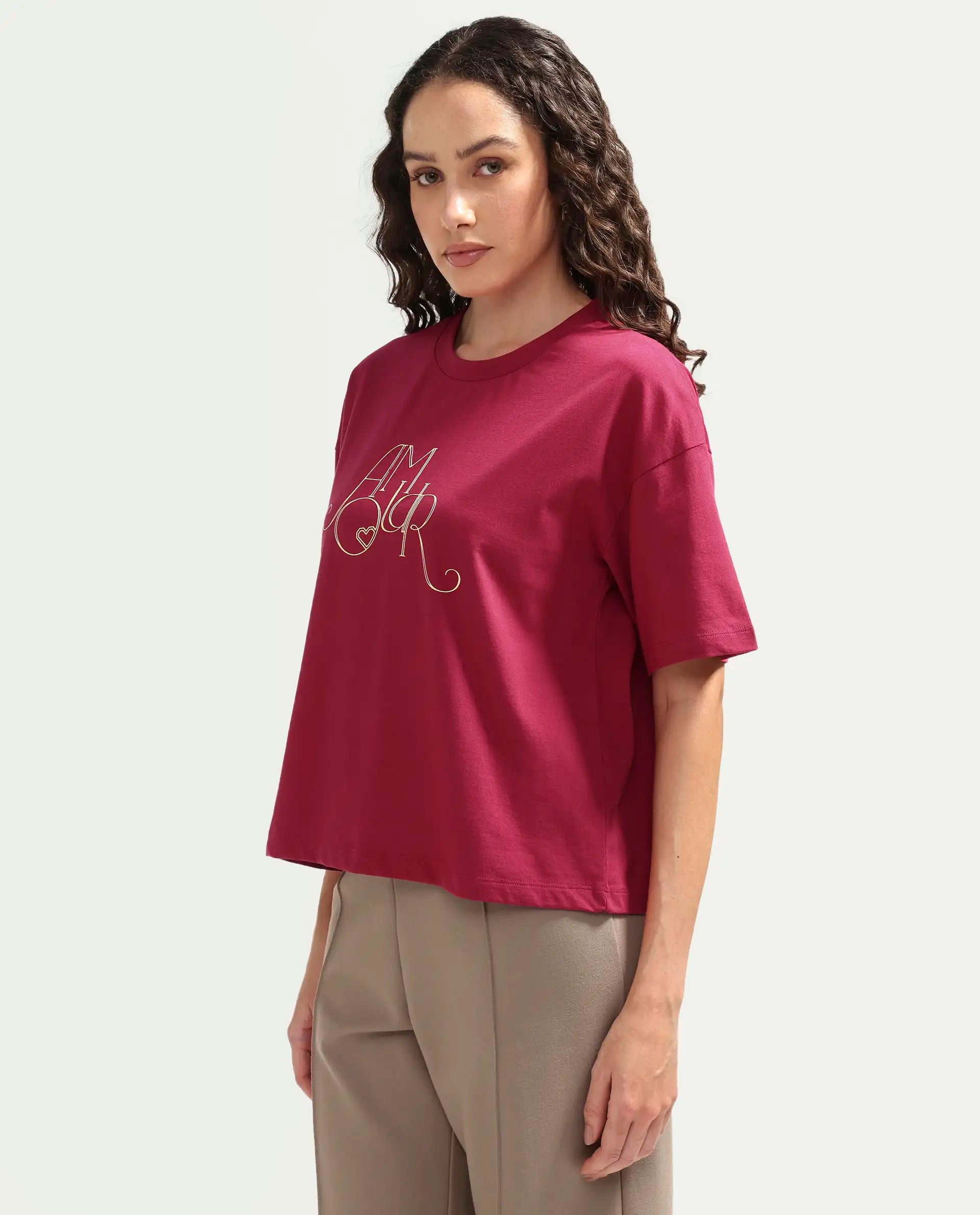 Rareism Women's Zamor Dark Pink Cotton Crew Neck Pull-On Boxy Typography Print T-Shirt