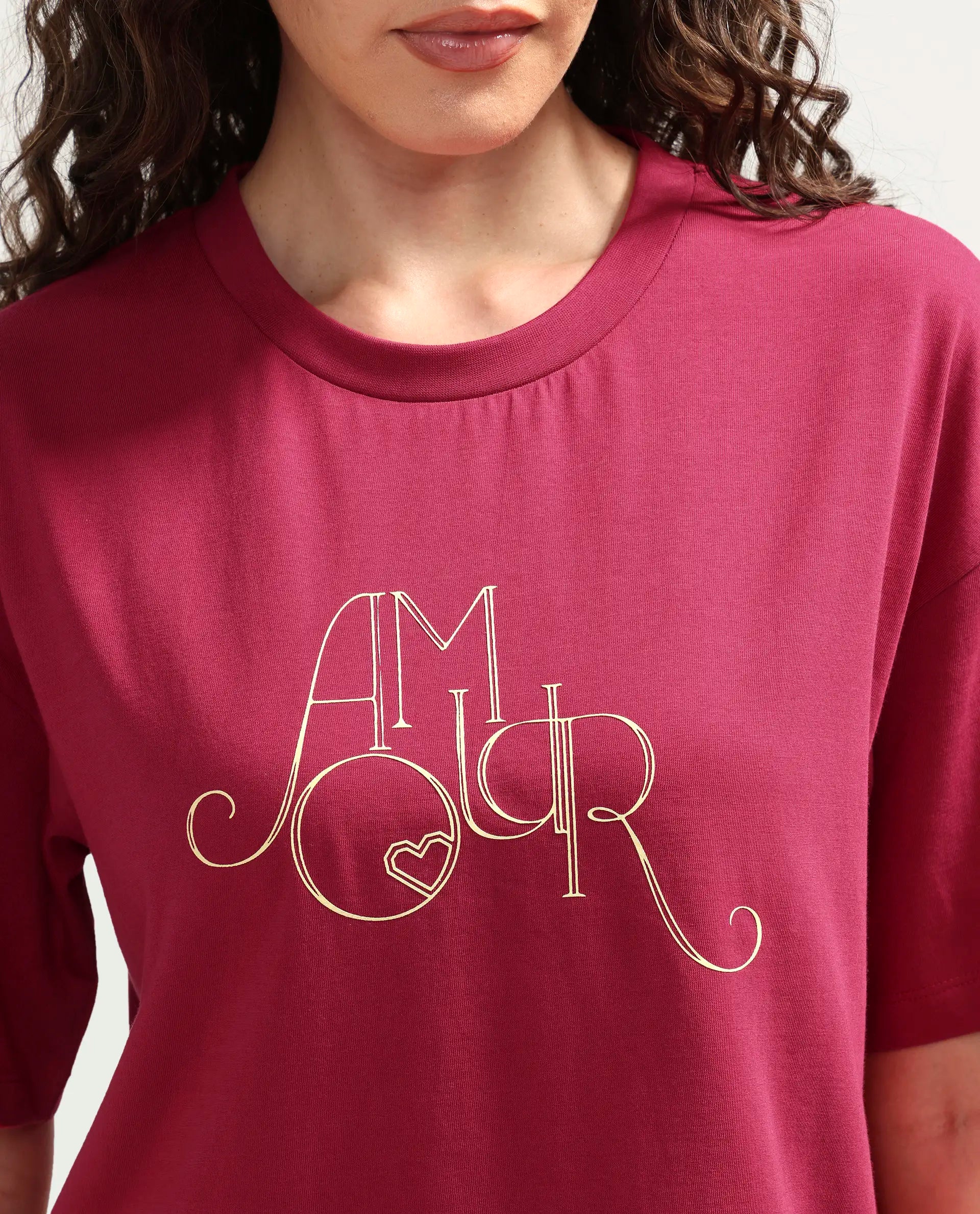 Rareism Women's Zamor Dark Pink Cotton Crew Neck Pull-On Boxy Typography Print T-Shirt