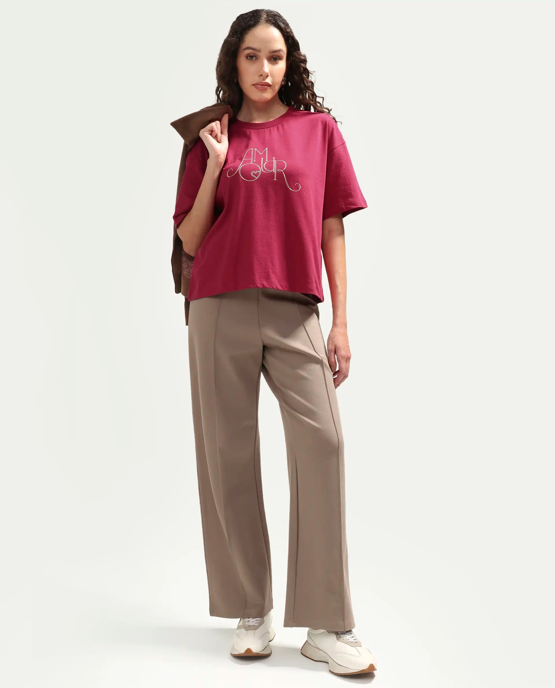 Rareism Women's Zamor Dark Pink Cotton Crew Neck Pull-On Boxy Typography Print T-Shirt