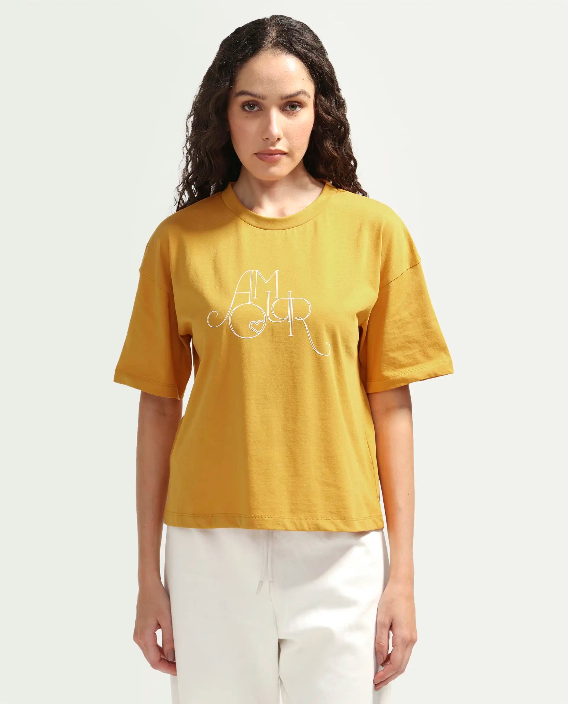 Rareism Women's Zamor Mustard Cotton Crew Neck Pull-On Boxy Typography Print T-Shirt