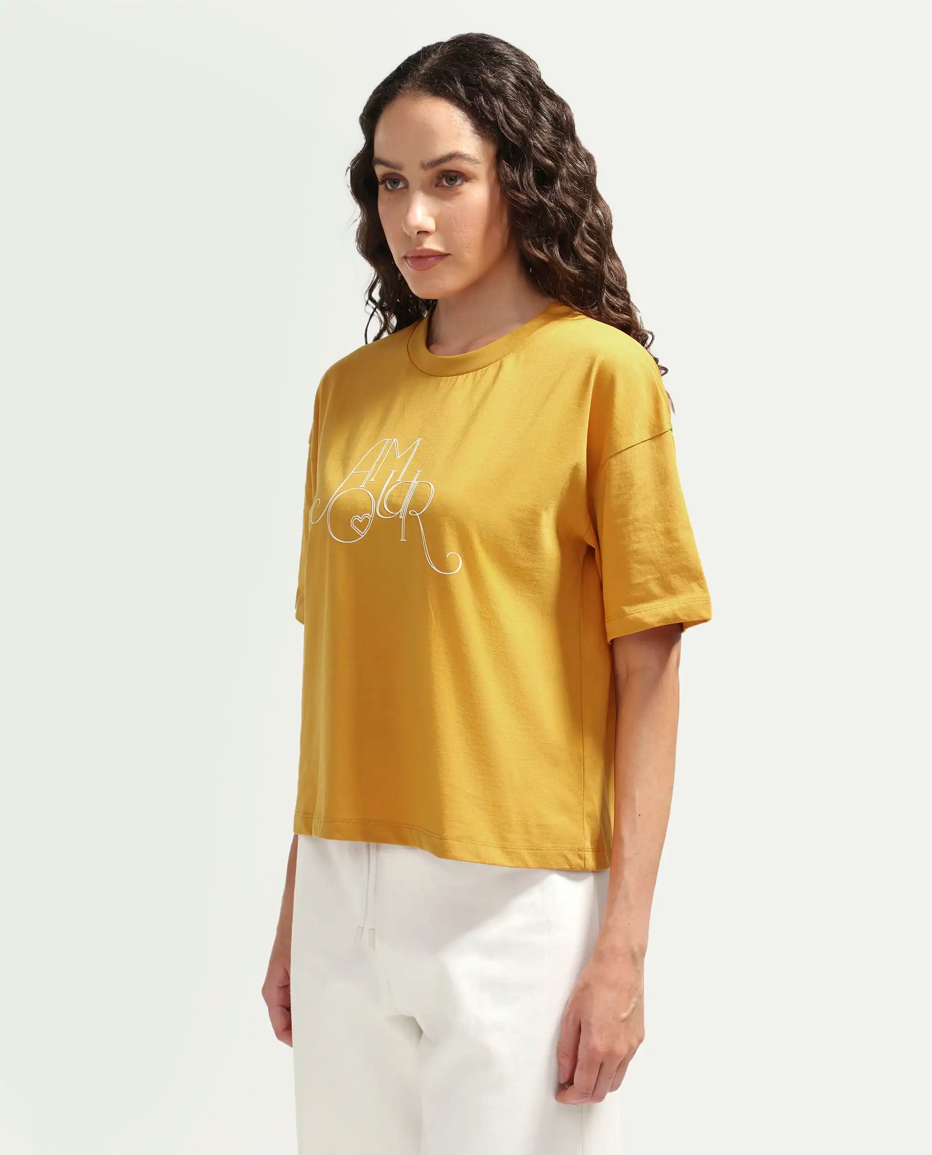 Rareism Women's Zamor Mustard Cotton Crew Neck Pull-On Boxy Typography Print T-Shirt