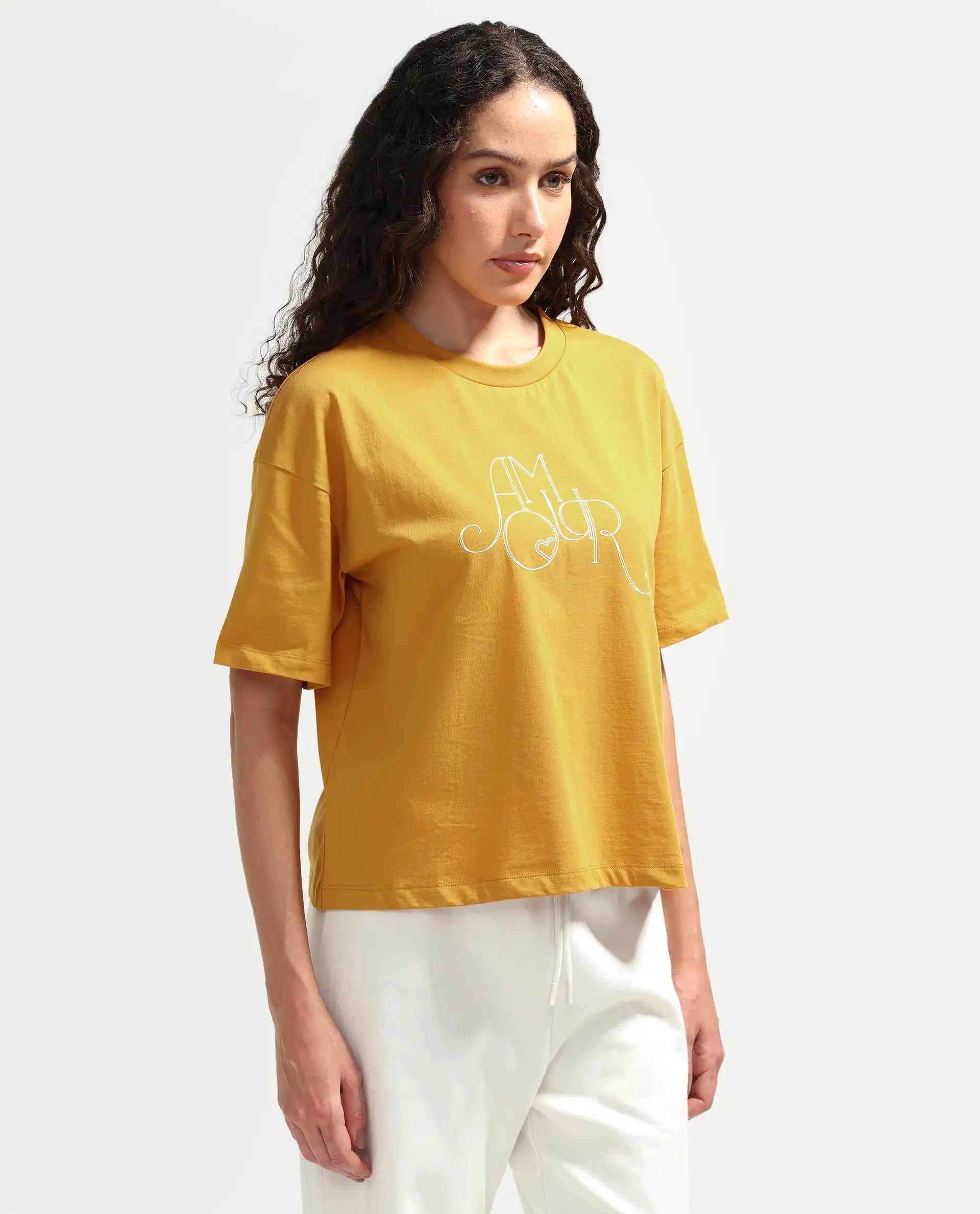 Rareism Women's Zamor Mustard Cotton Crew Neck Pull-On Boxy Typography Print T-Shirt