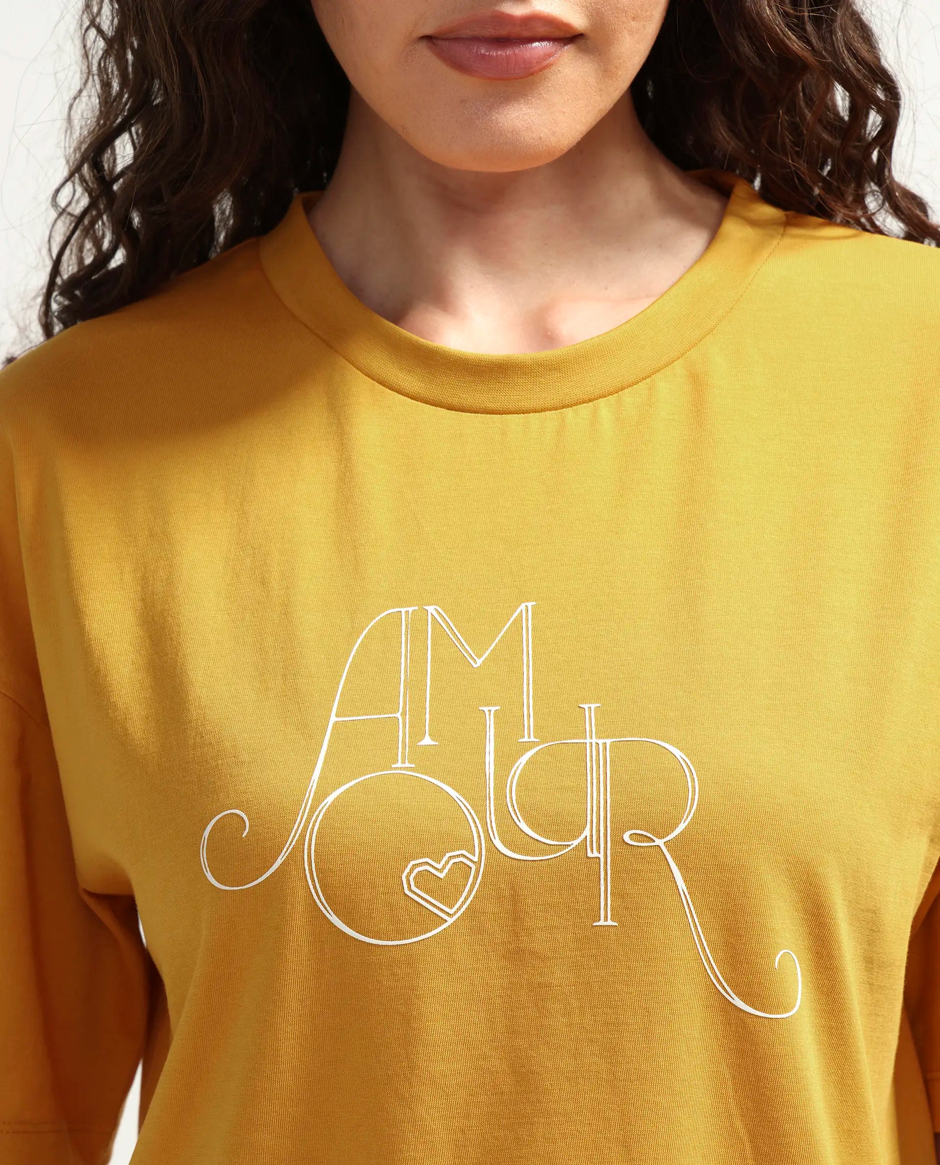 Rareism Women's Zamor Mustard Cotton Crew Neck Pull-On Boxy Typography Print T-Shirt