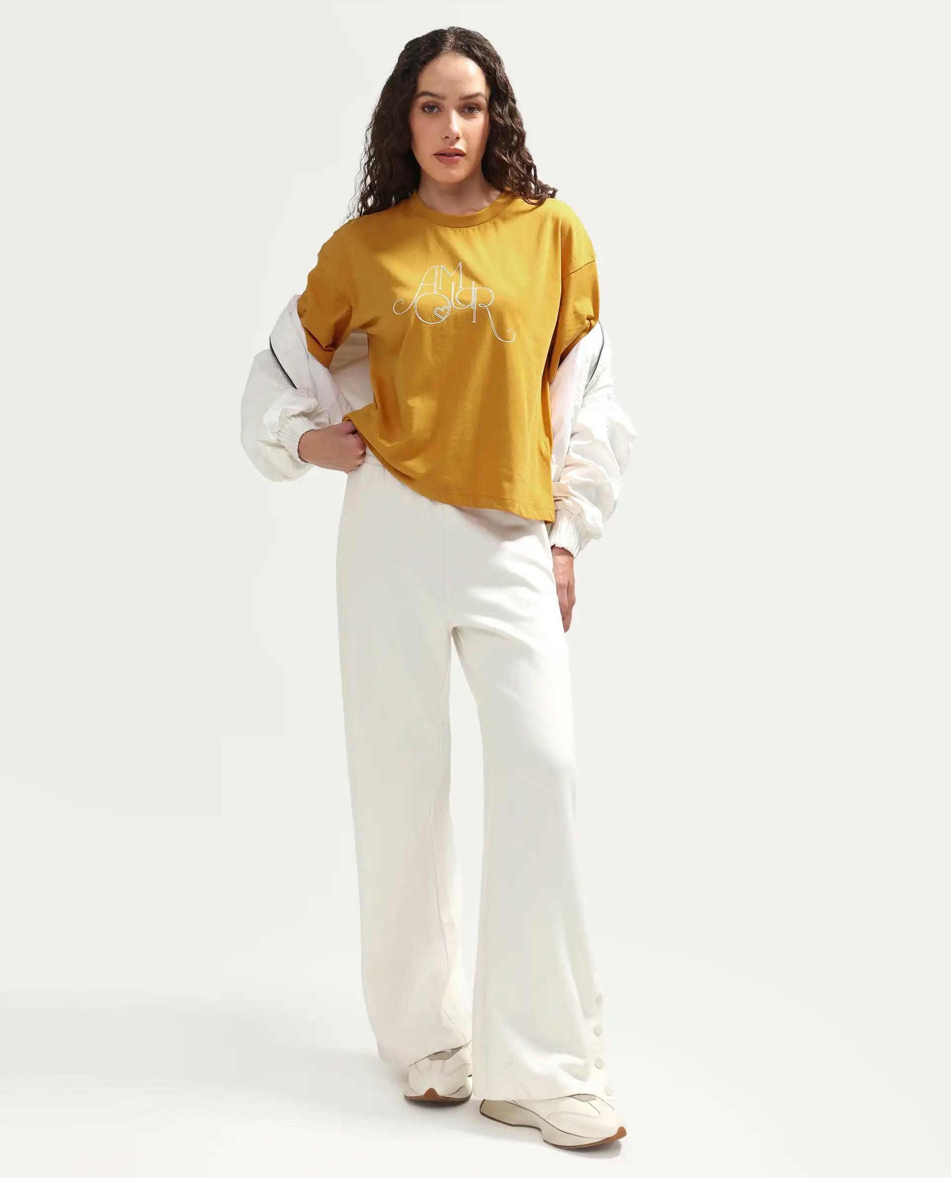 Rareism Women's Zamor Mustard Cotton Crew Neck Pull-On Boxy Typography Print T-Shirt
