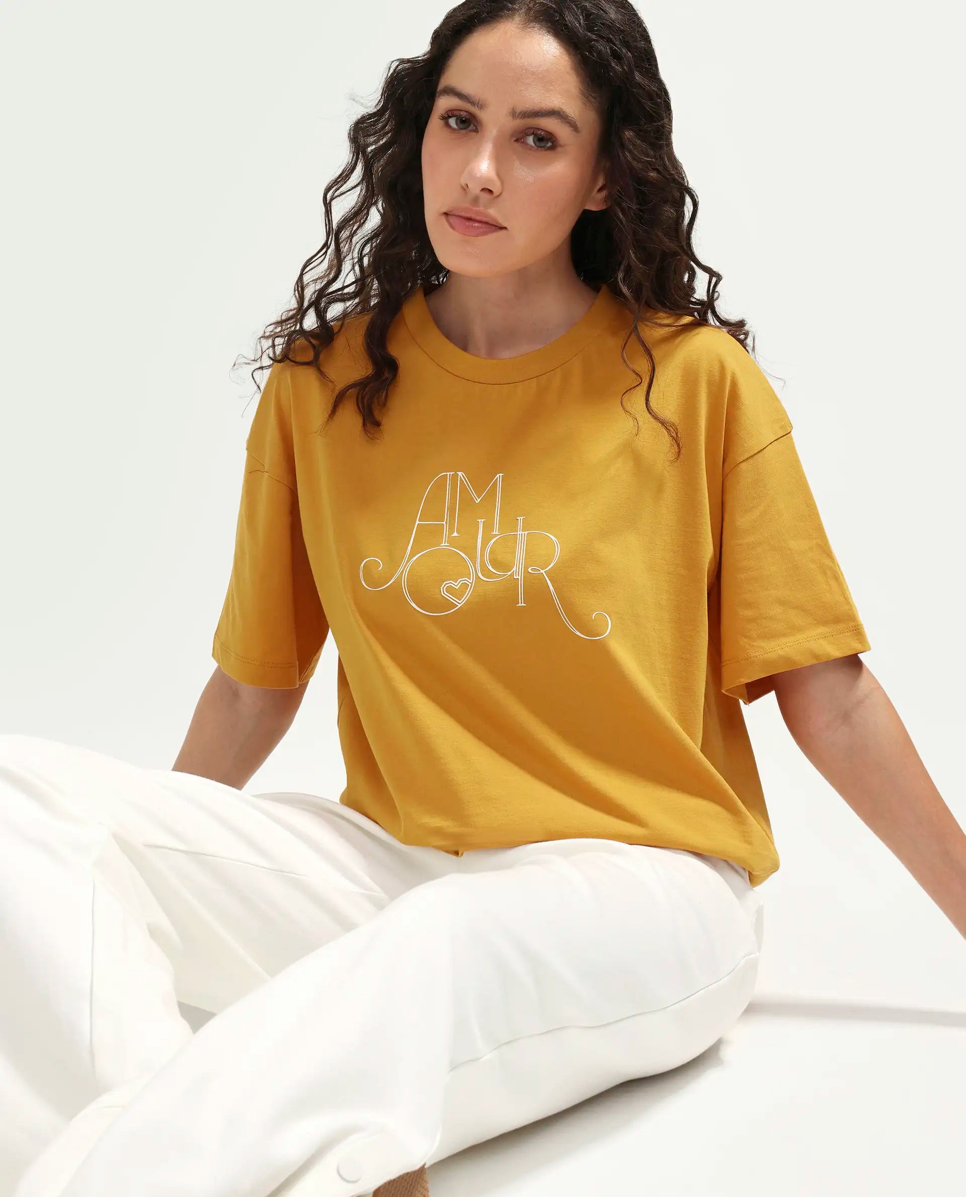 Rareism Women's Zamor Mustard Cotton Crew Neck Pull-On Boxy Typography Print T-Shirt