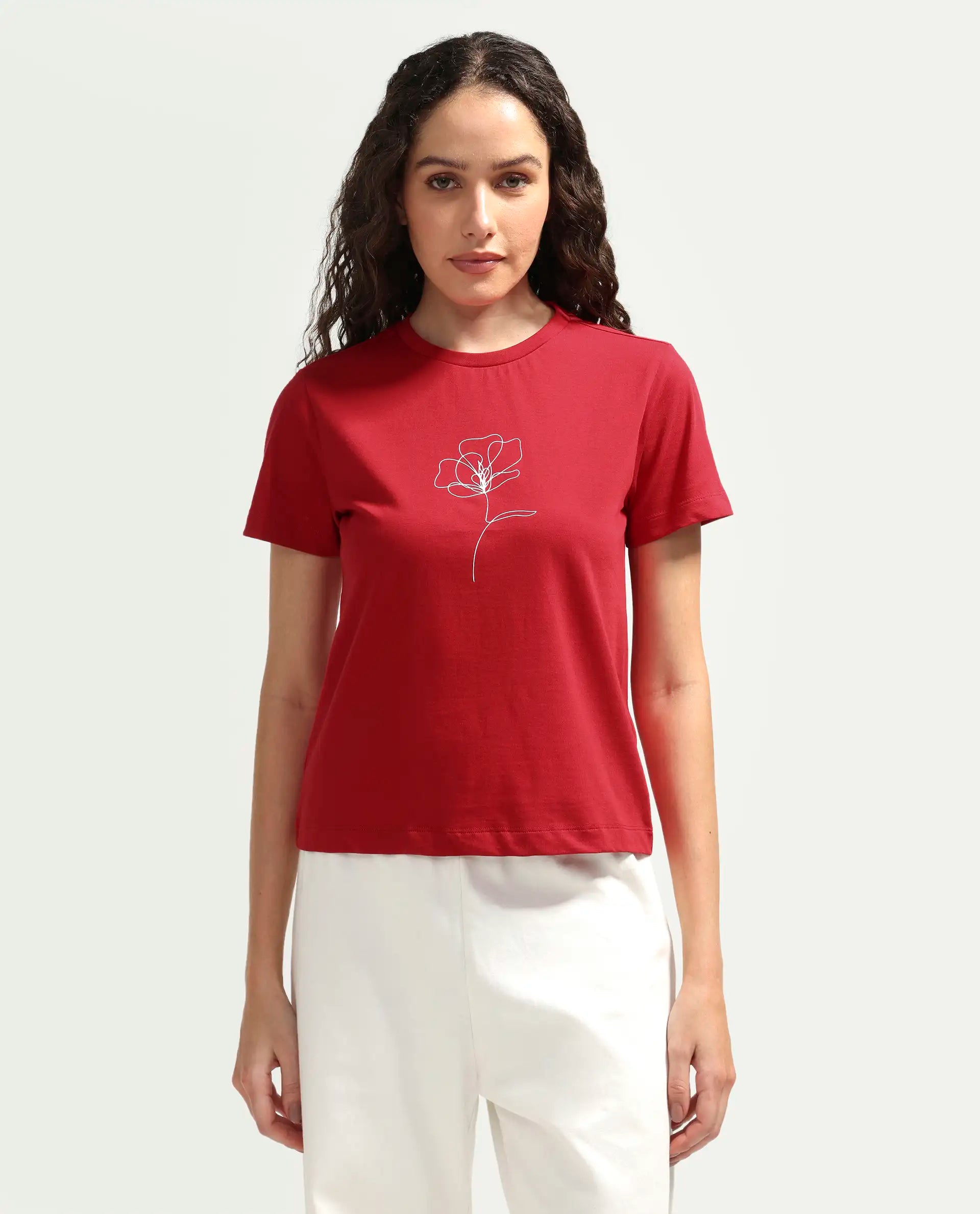 Rareism Women's Zexer Red Cotton Crew Neck Pull-On Regular Floral Print T-Shirt