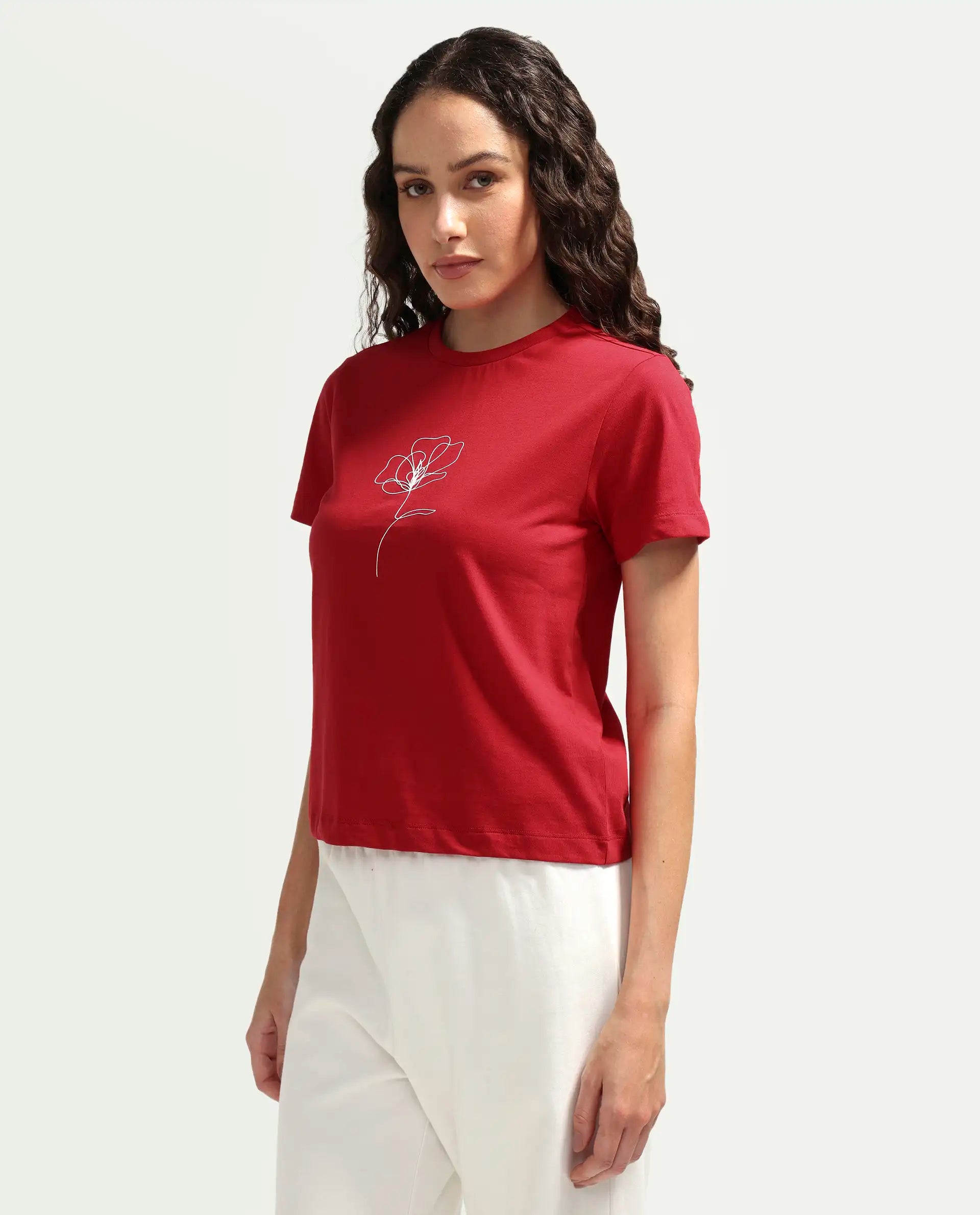 Rareism Women's Zexer Red Cotton Crew Neck Pull-On Regular Floral Print T-Shirt