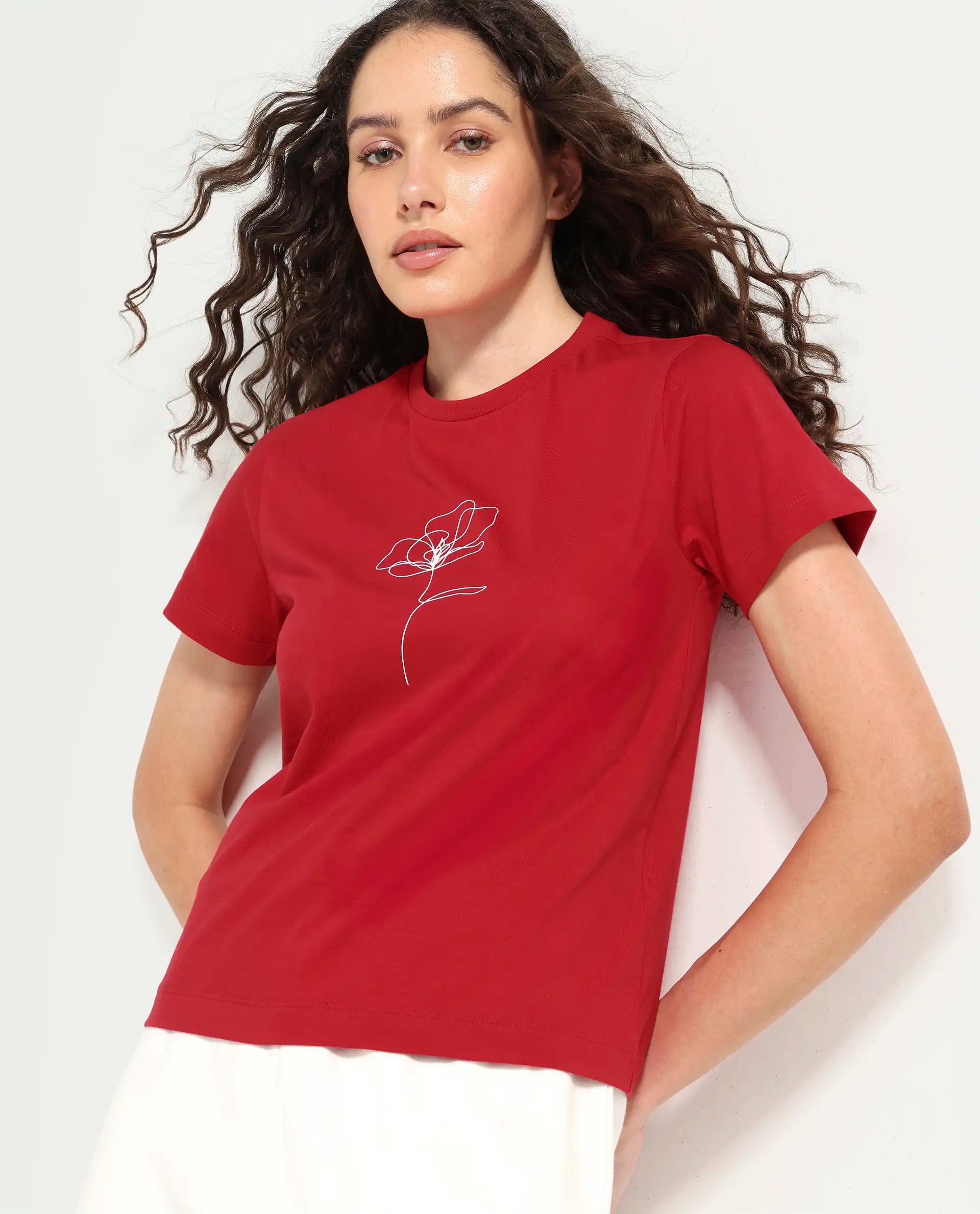 Rareism Women's Zexer Red Cotton Crew Neck Pull-On Regular Floral Print T-Shirt