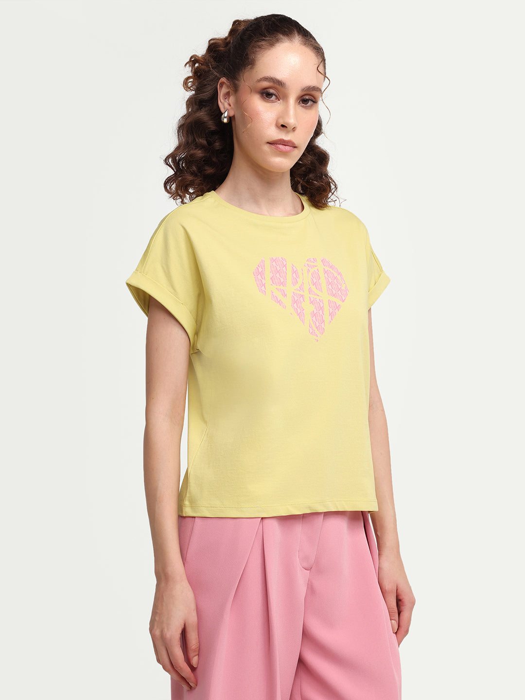 Rareism Women's Zibbit Light Green Cotton Crew Neck Pull-On Relaxed Monogram Print T-Shirt