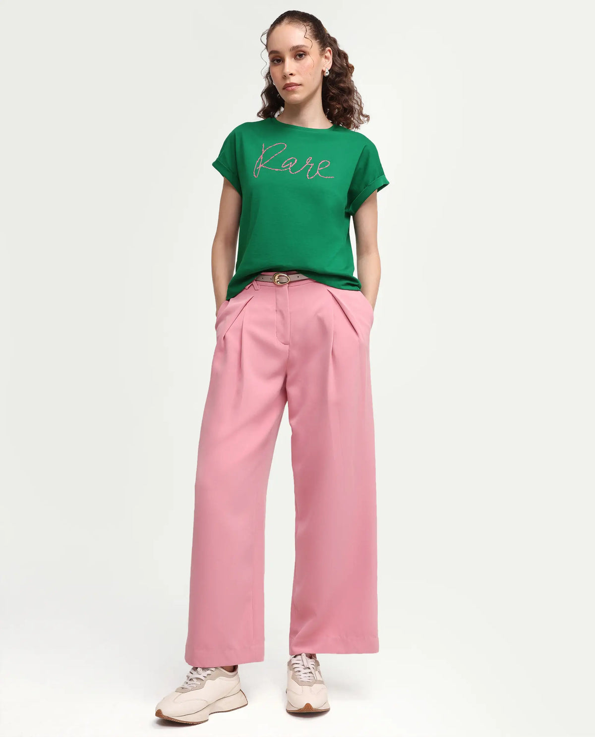 Rareism Women's Zivic Dark Green Cotton Crew Neck Pull-On Relaxed Typography Print T-Shirt