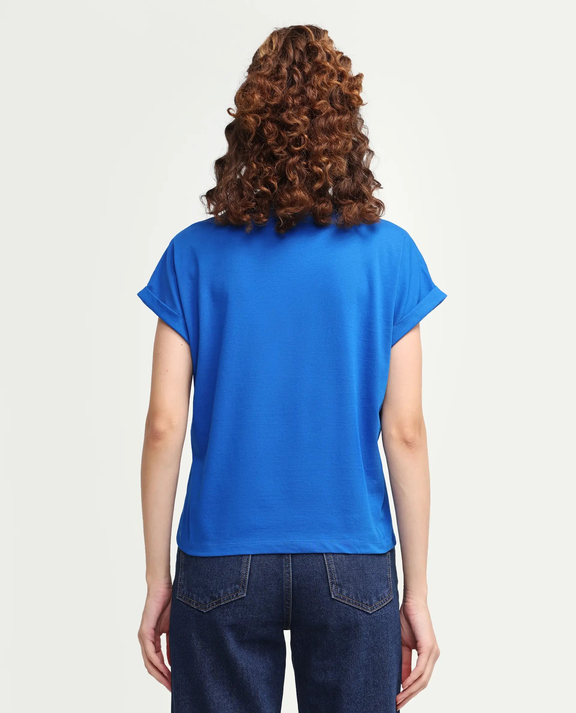 Rareism Women's Zivic Dark Blue Cotton Crew Neck Pull-On Relaxed Typography Print T-Shirt