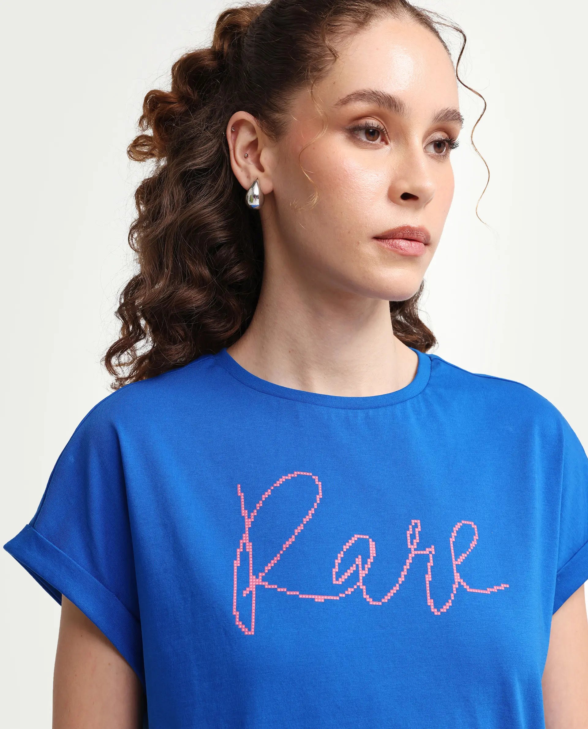 Rareism Women's Zivic Dark Blue Cotton Crew Neck Pull-On Relaxed Typography Print T-Shirt