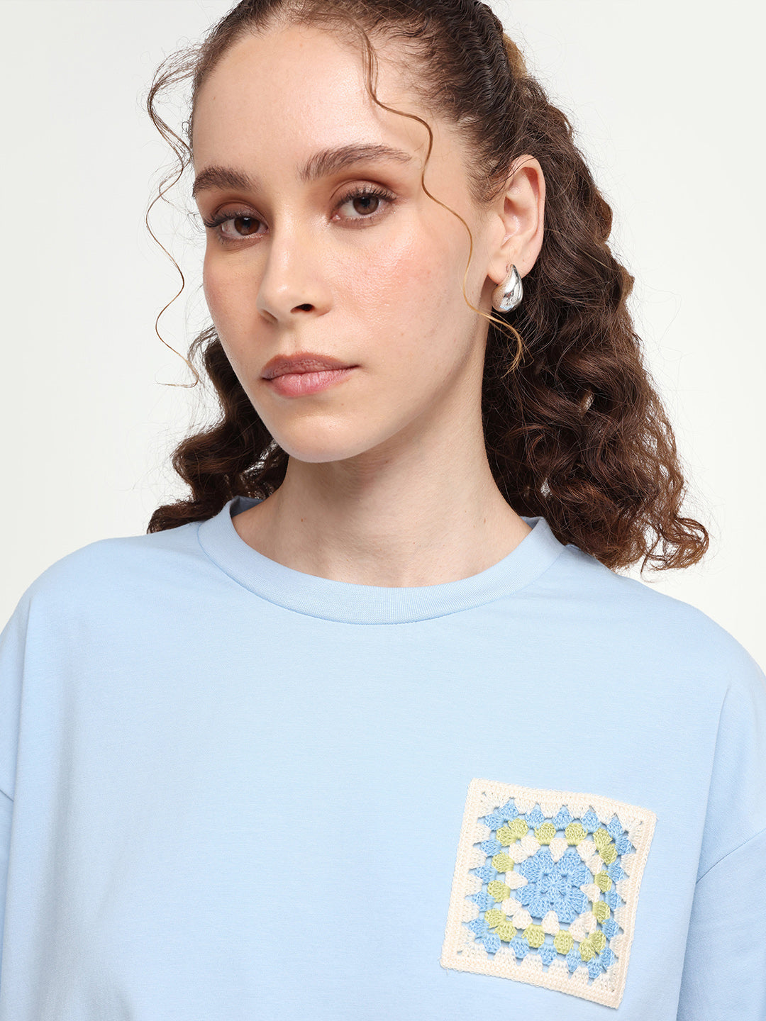 Rareism Women's Zoppy Light Blue Cotton Blend Crew Neck Pull-On Boxy Plain T-Shirt