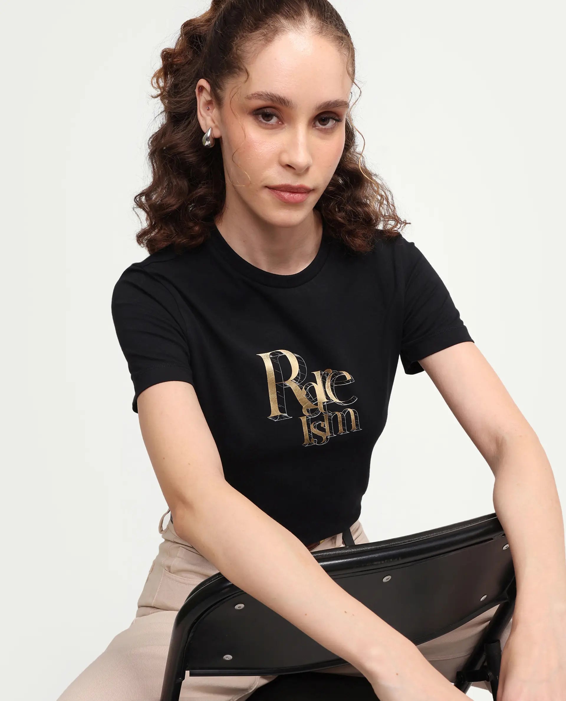 Rareism Women's Zism Black Cotton Blend Crew Neck Pull-On Regular Graphic Print T-Shirt