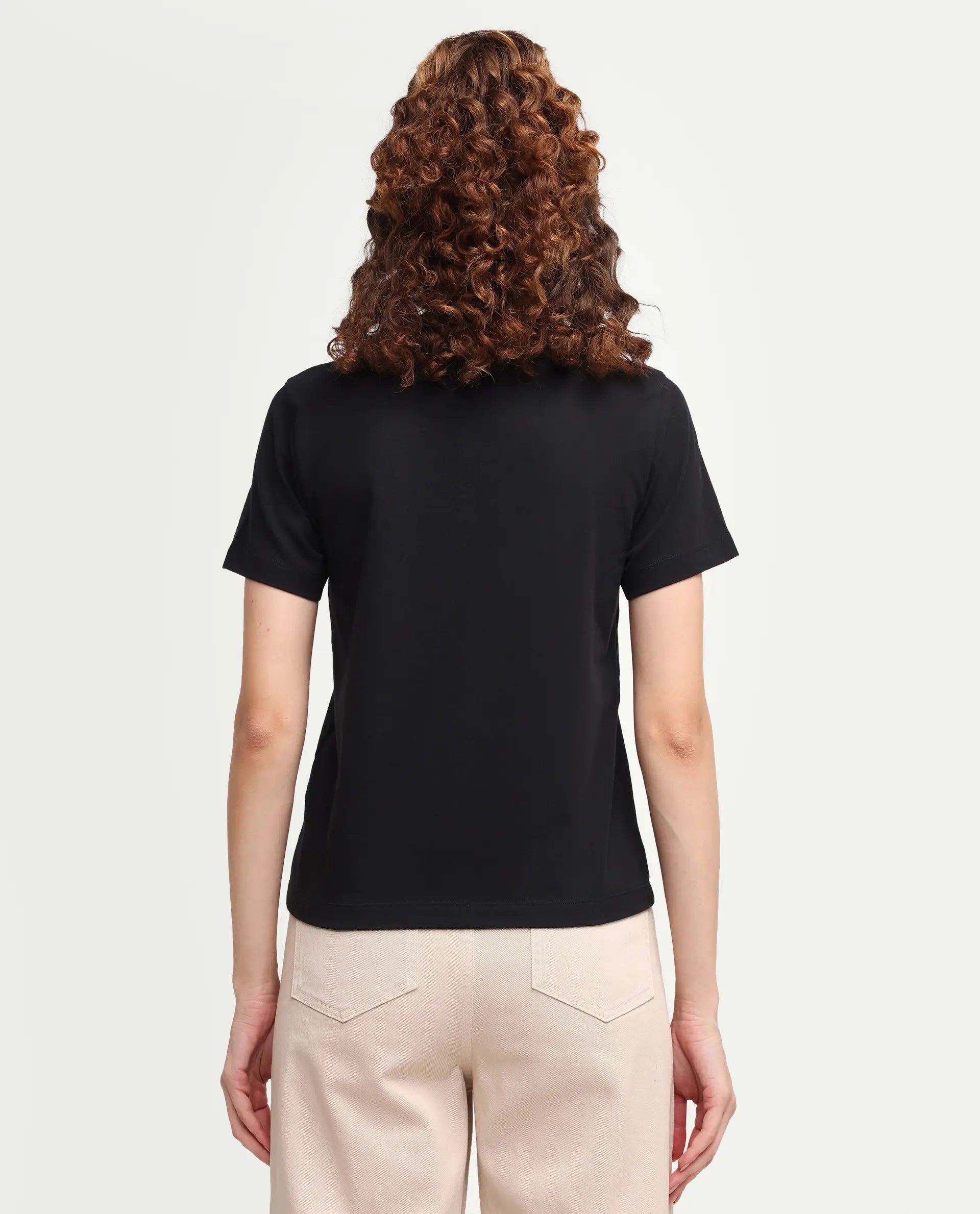 Rareism Women's Zism Black Cotton Blend Crew Neck Pull-On Regular Graphic Print T-Shirt