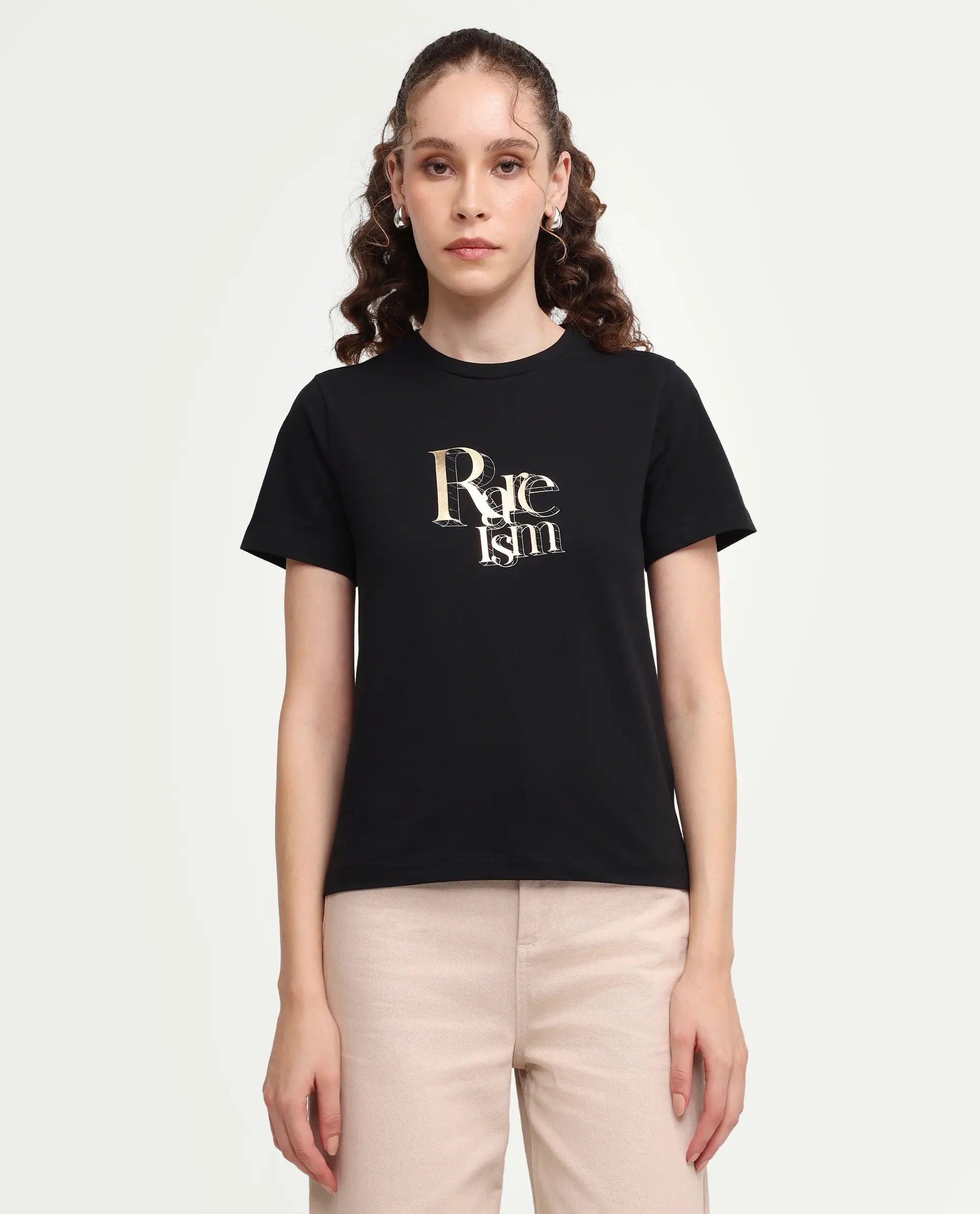 Rareism Women's Zism Black Cotton Blend Crew Neck Pull-On Regular Graphic Print T-Shirt