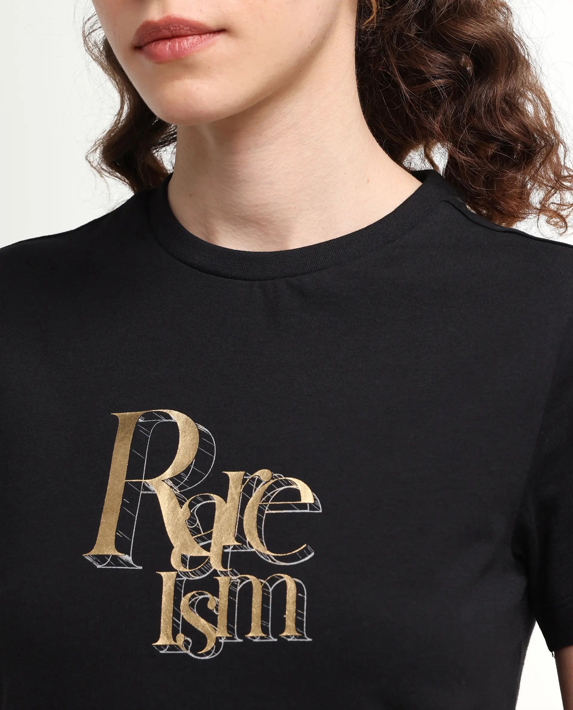 Rareism Women's Zism Black Cotton Blend Crew Neck Pull-On Regular Graphic Print T-Shirt