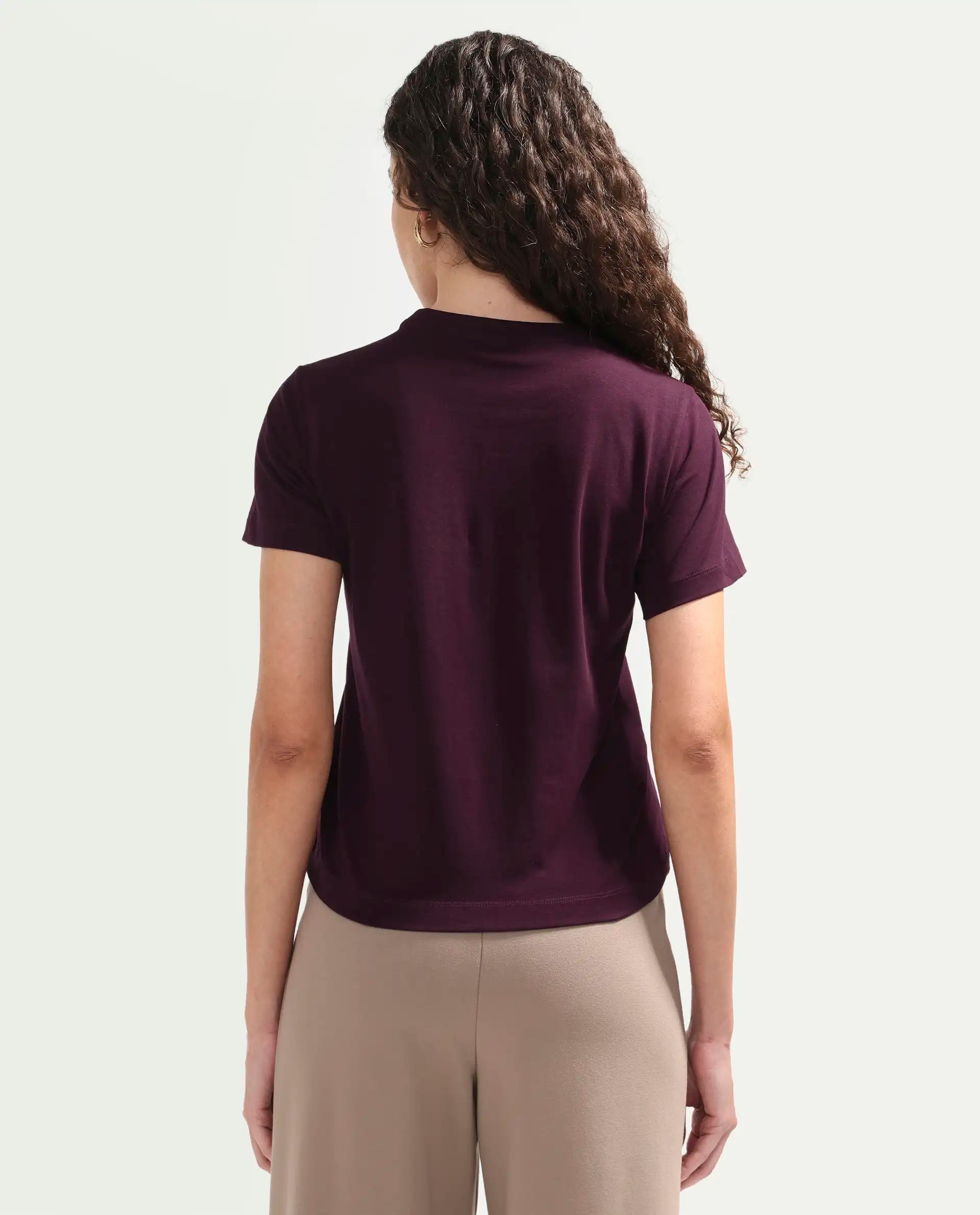 Rareism Women's Zism Dark Maroon Cotton Blend Crew Neck Pull-On Regular Graphic Print T-Shirt