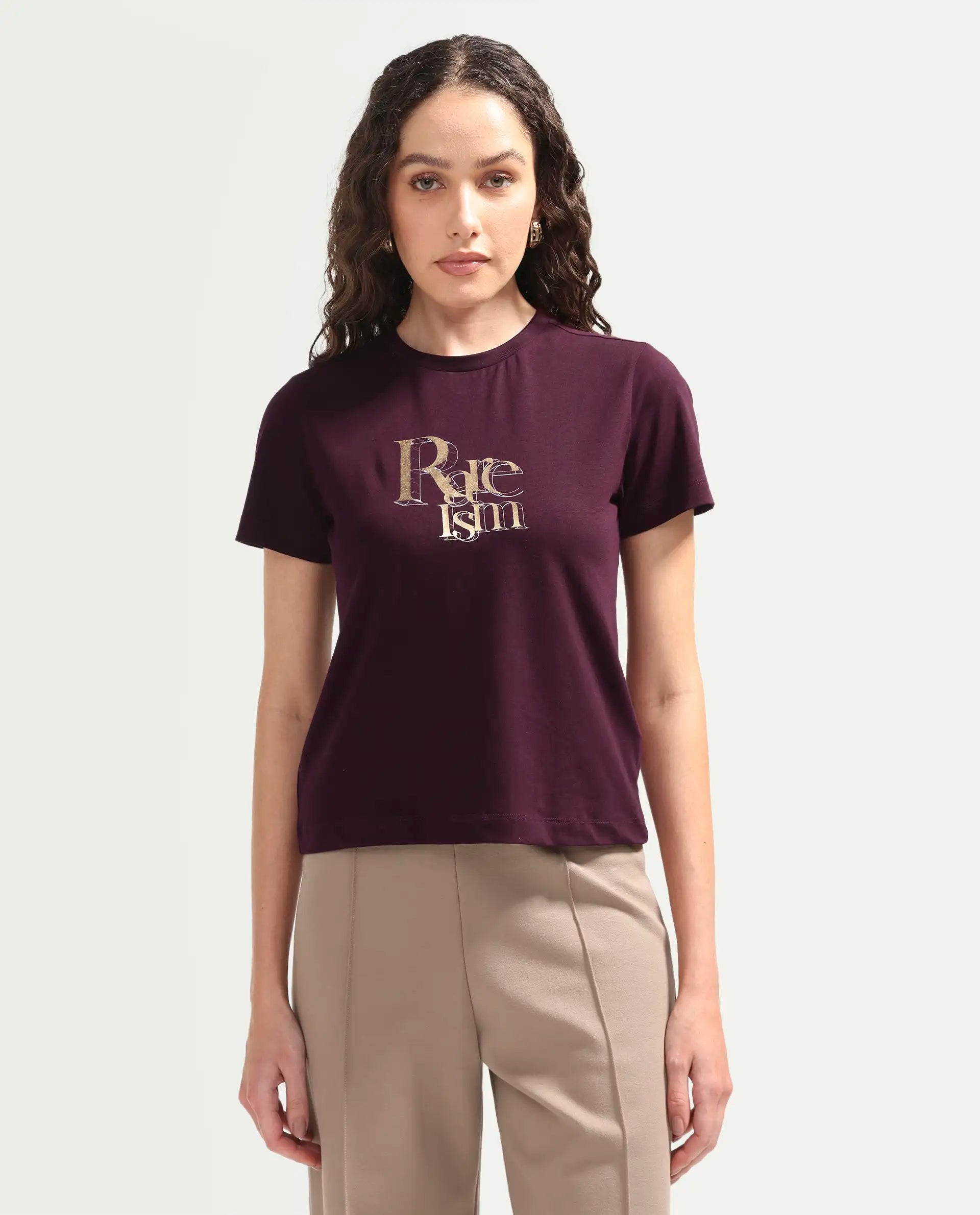 Rareism Women's Zism Dark Maroon Cotton Blend Crew Neck Pull-On Regular Graphic Print T-Shirt