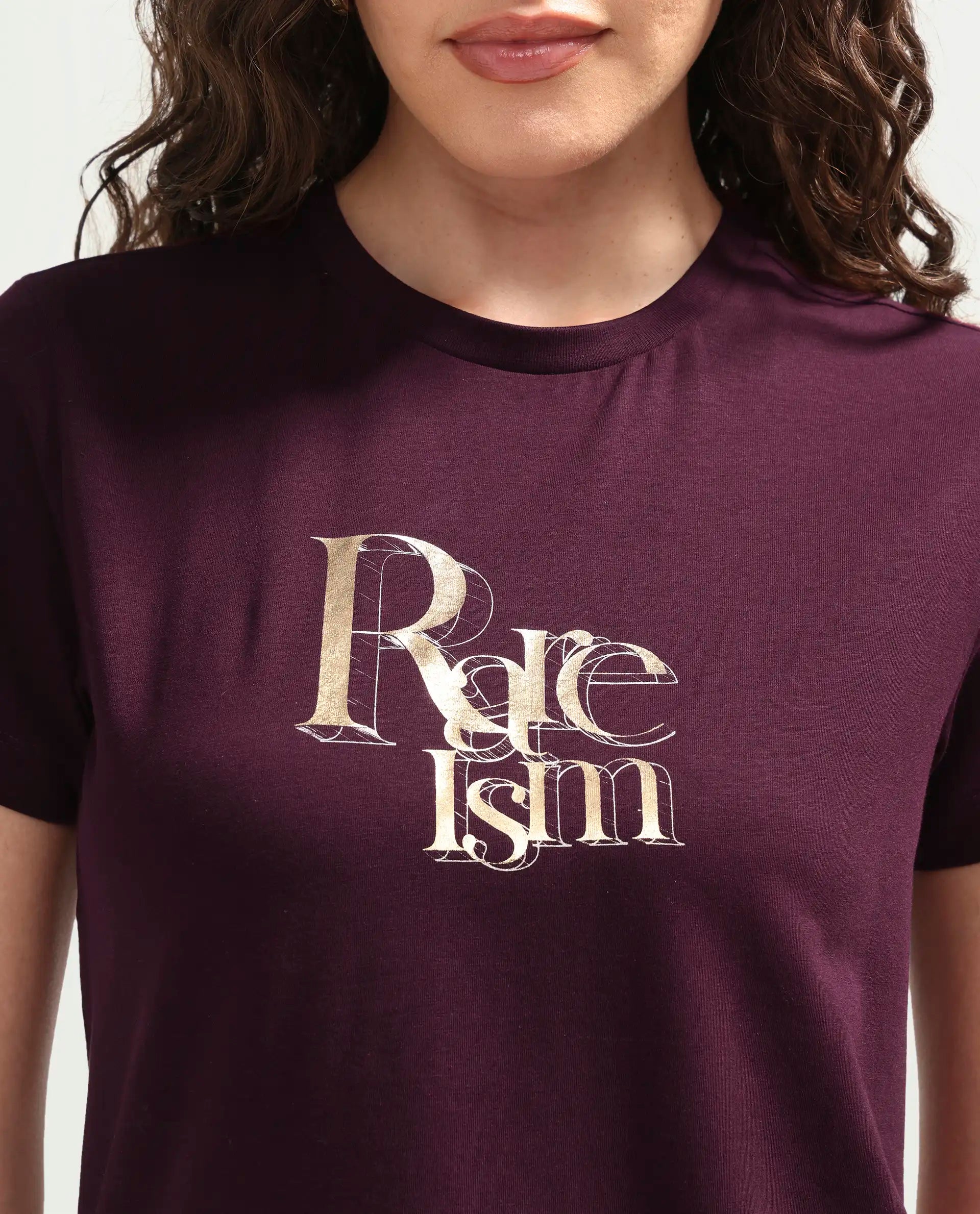 Rareism Women's Zism Dark Maroon Cotton Blend Crew Neck Pull-On Regular Graphic Print T-Shirt