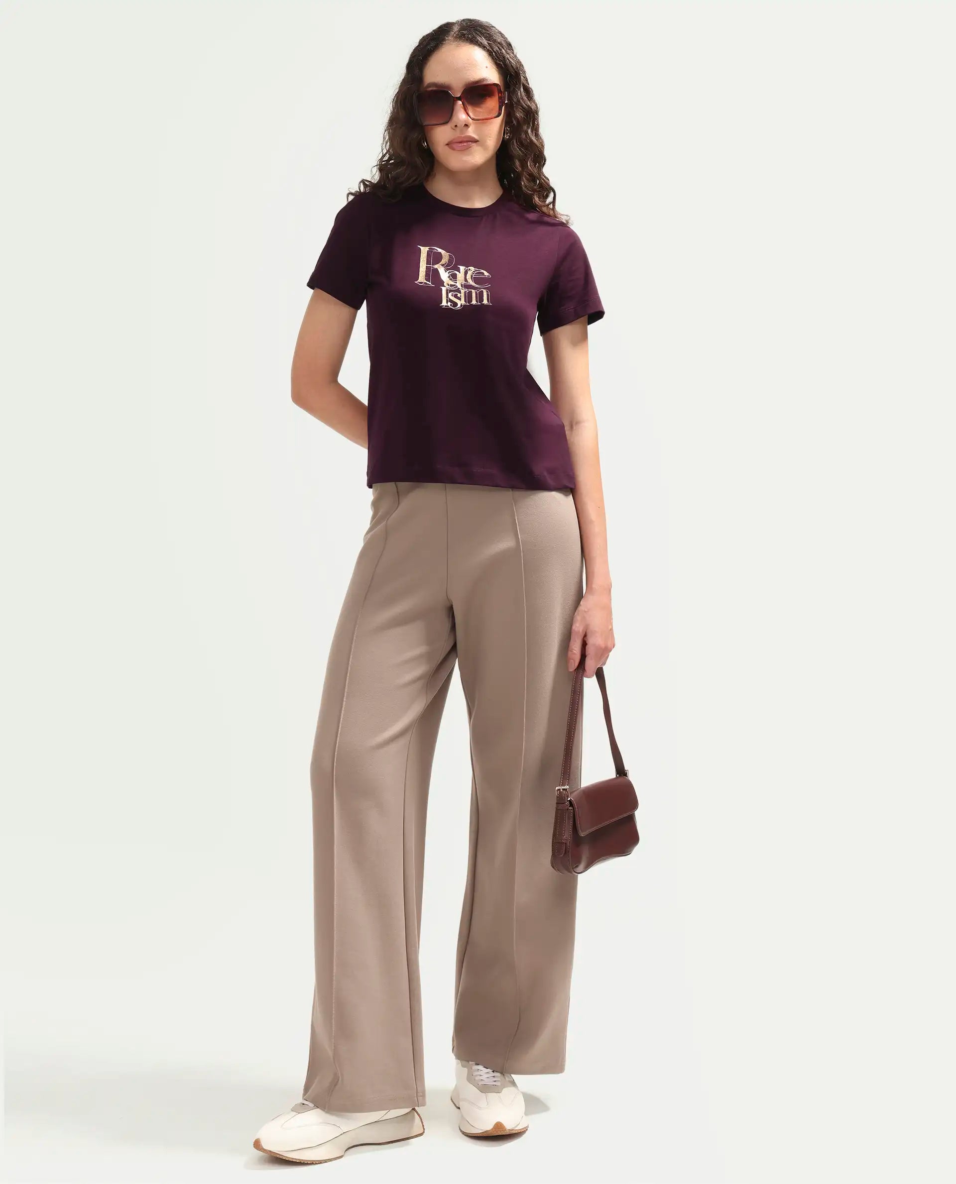 Rareism Women's Zism Dark Maroon Cotton Blend Crew Neck Pull-On Regular Graphic Print T-Shirt