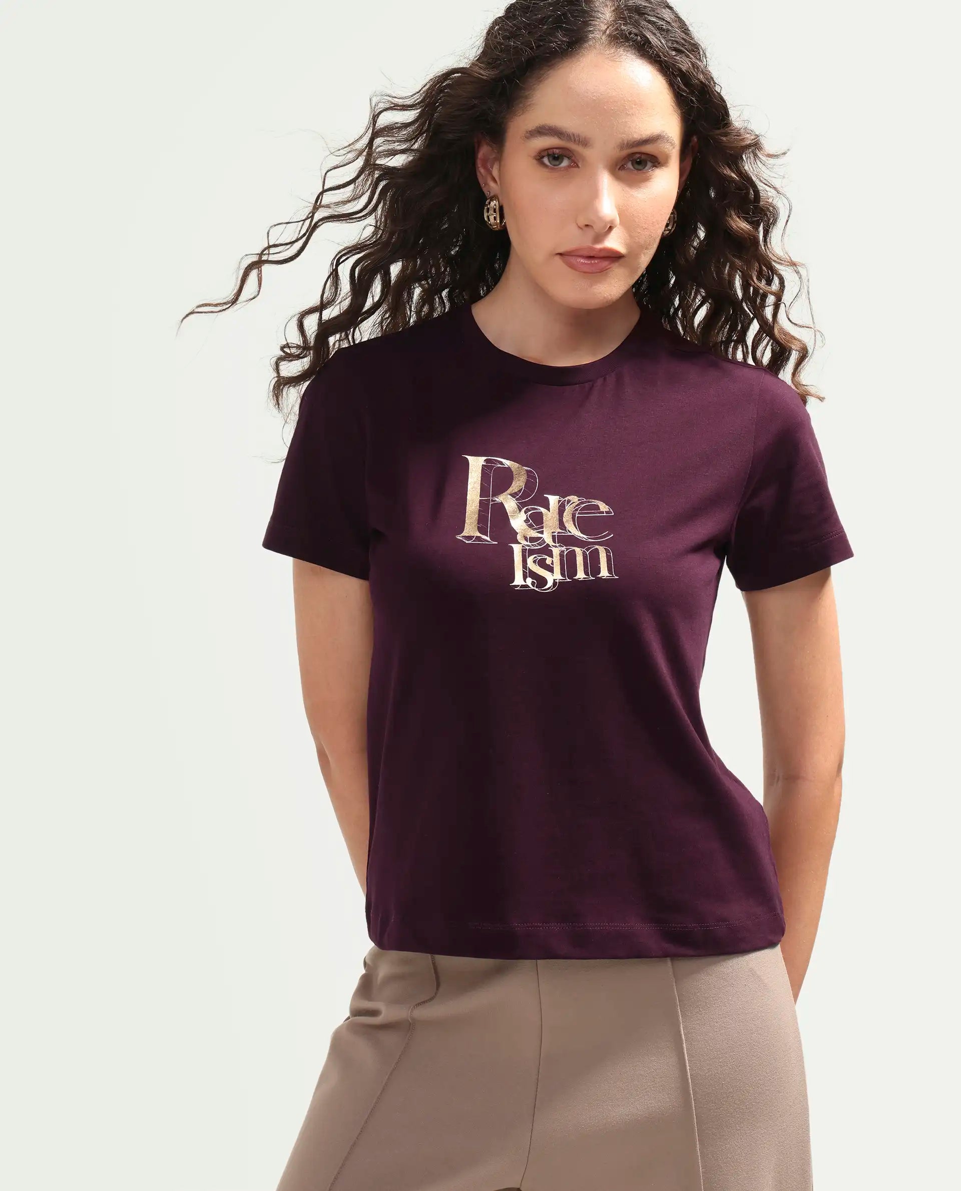 Rareism Women's Zism Dark Maroon Cotton Blend Crew Neck Pull-On Regular Graphic Print T-Shirt
