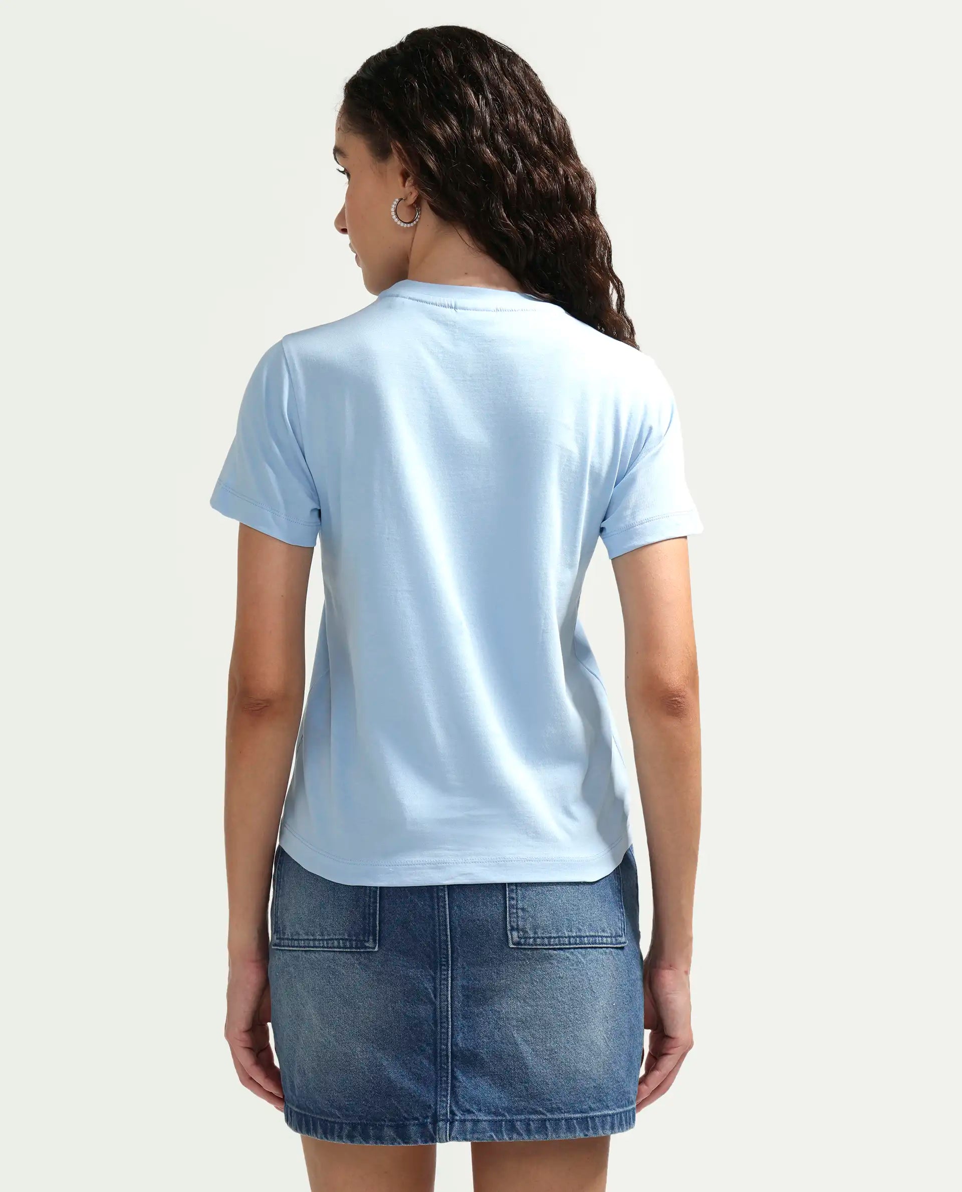Rareism Women's Zelly Light Blue Cotton Crew Neck Pull-On Regular Object Print T-Shirt