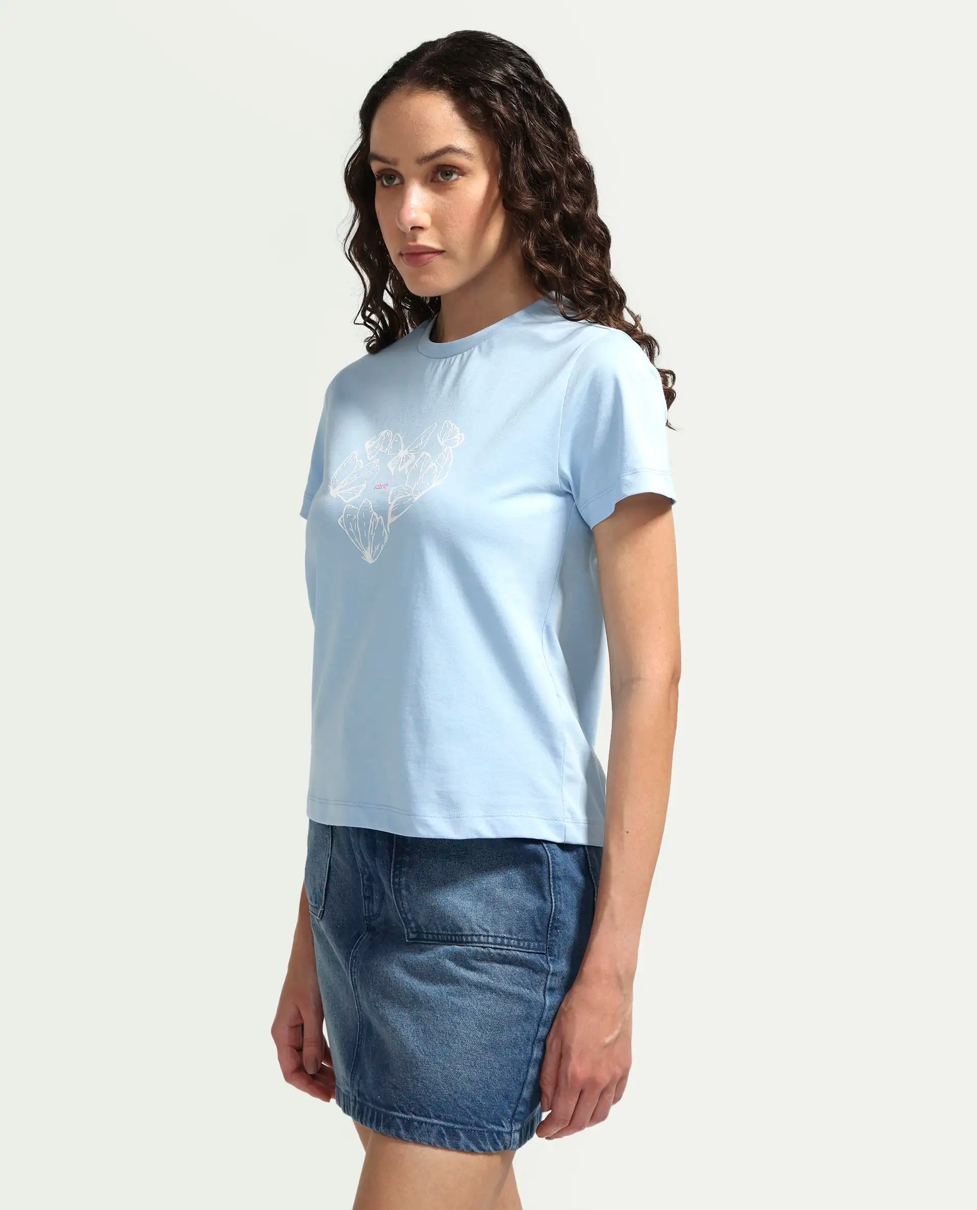Rareism Women's Zelly Light Blue Cotton Crew Neck Pull-On Regular Object Print T-Shirt